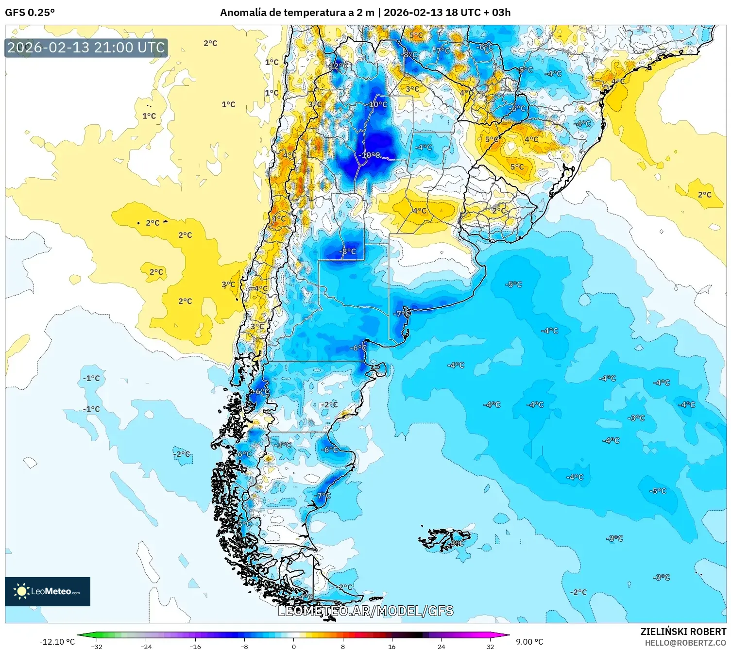 GFS model - Argentina, Anomalía de temperatura a 2 m