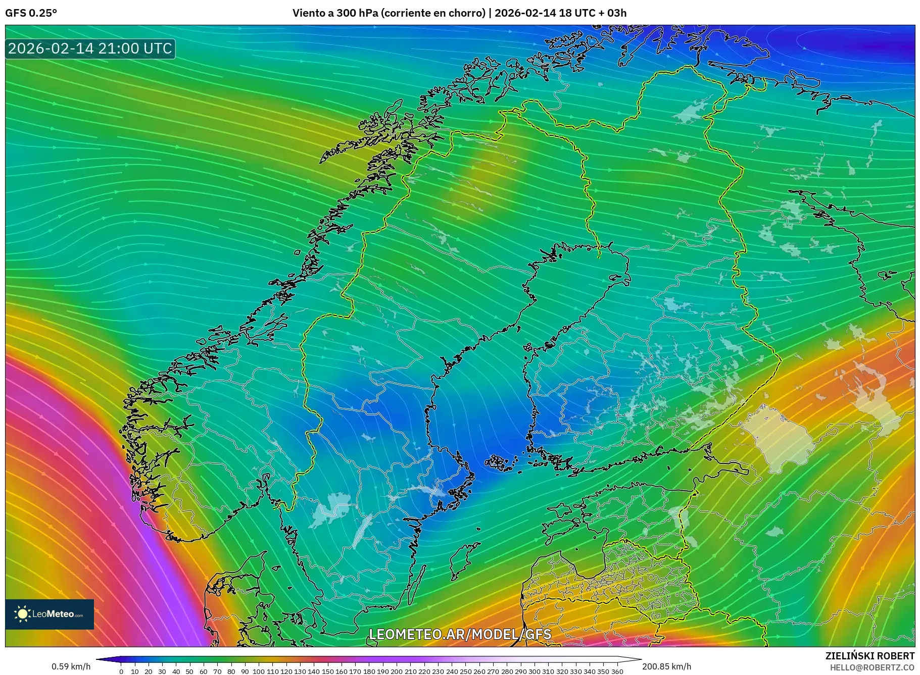GFS model - Escandinavia, Viento a 300 hPa (corriente en chorro)