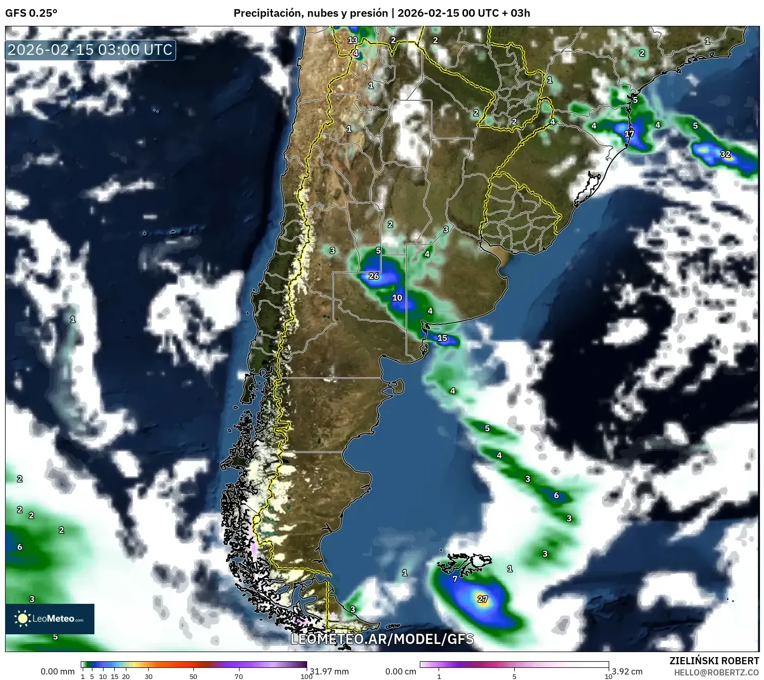 GFS model - Argentina, Precipitación, nubes y presión