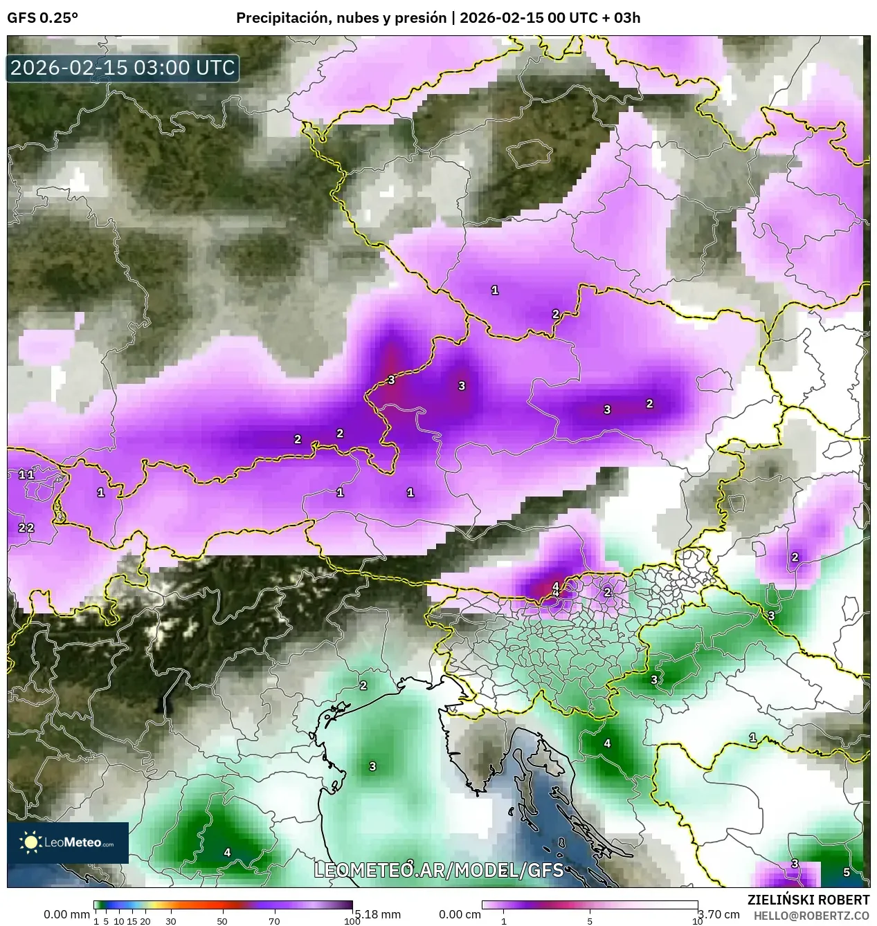GFS model - Austria, Precipitación, nubes y presión