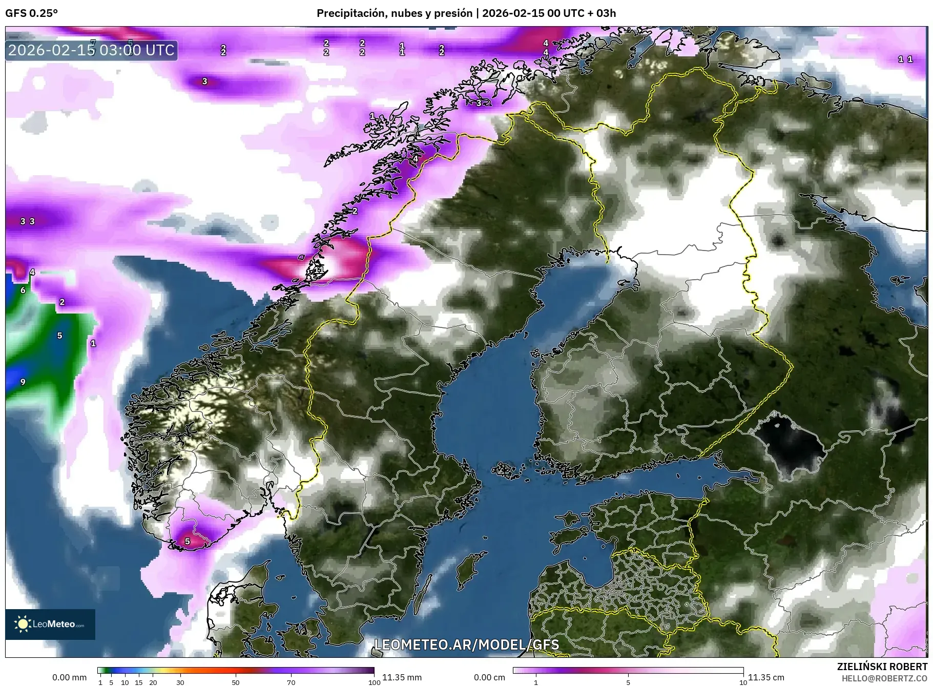 GFS model - Escandinavia, Precipitación, nubes y presión