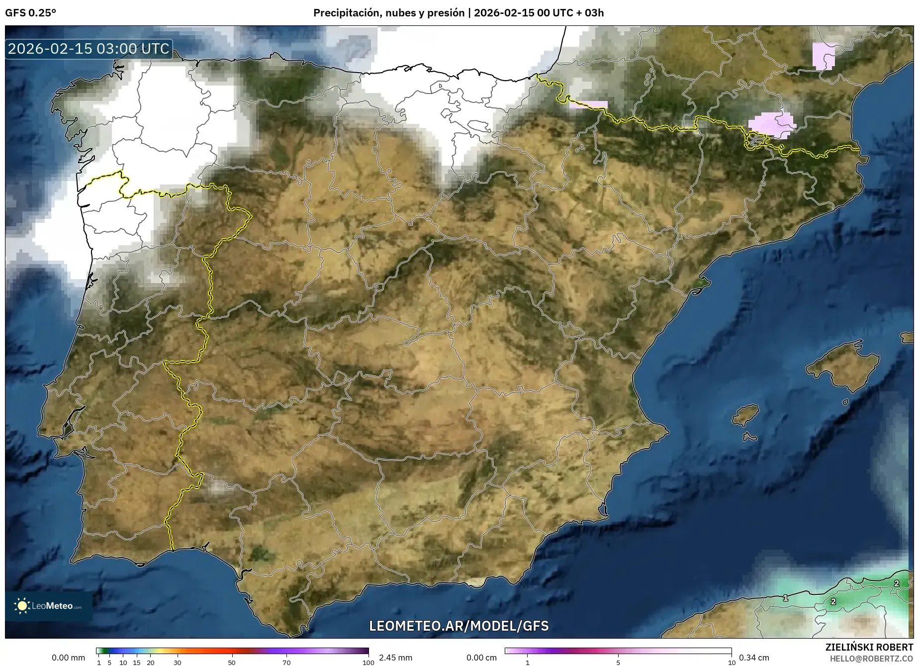 GFS model - España, Precipitación, nubes y presión