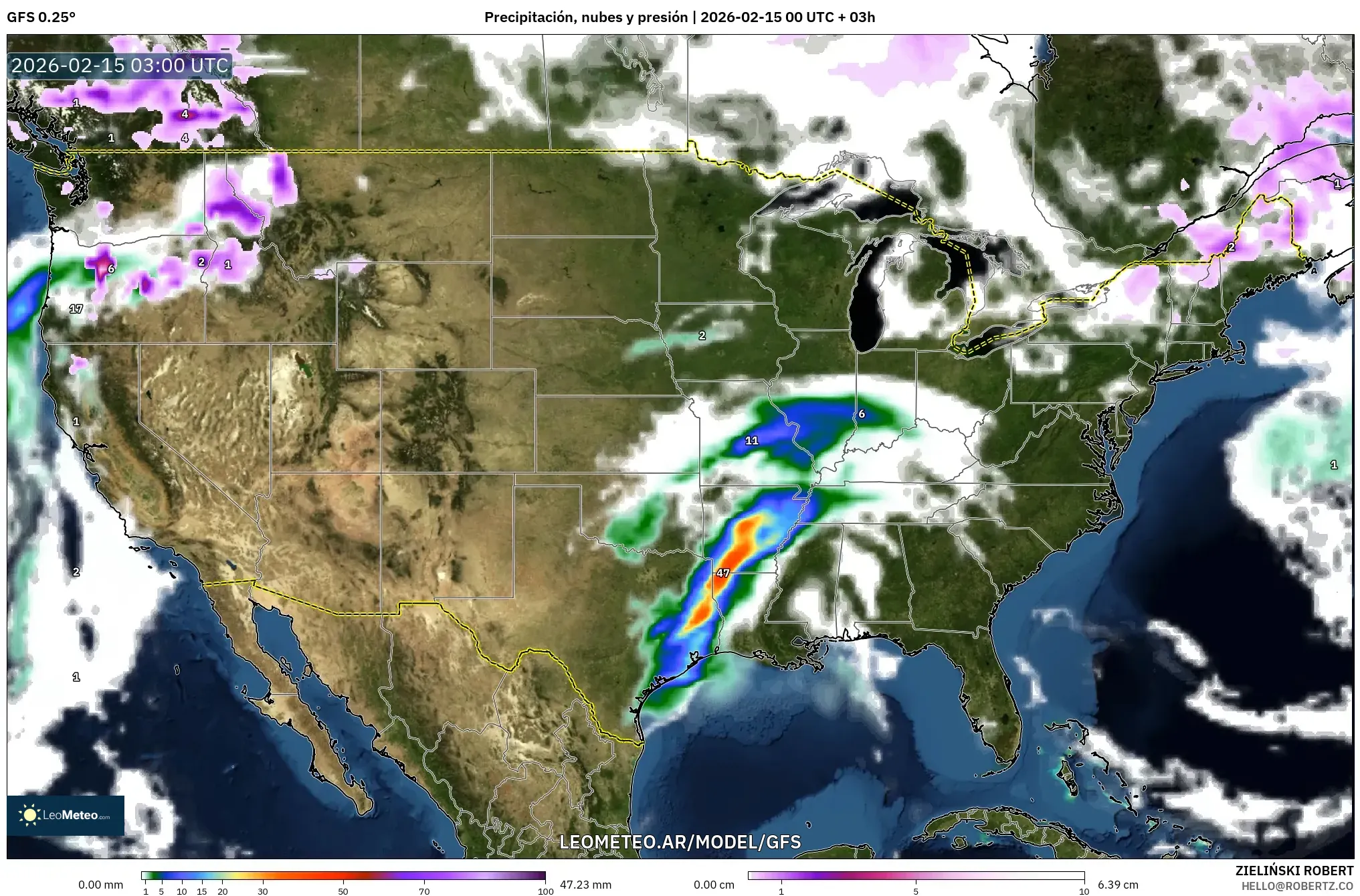 GFS model - Estados Unidos, Precipitación, nubes y presión