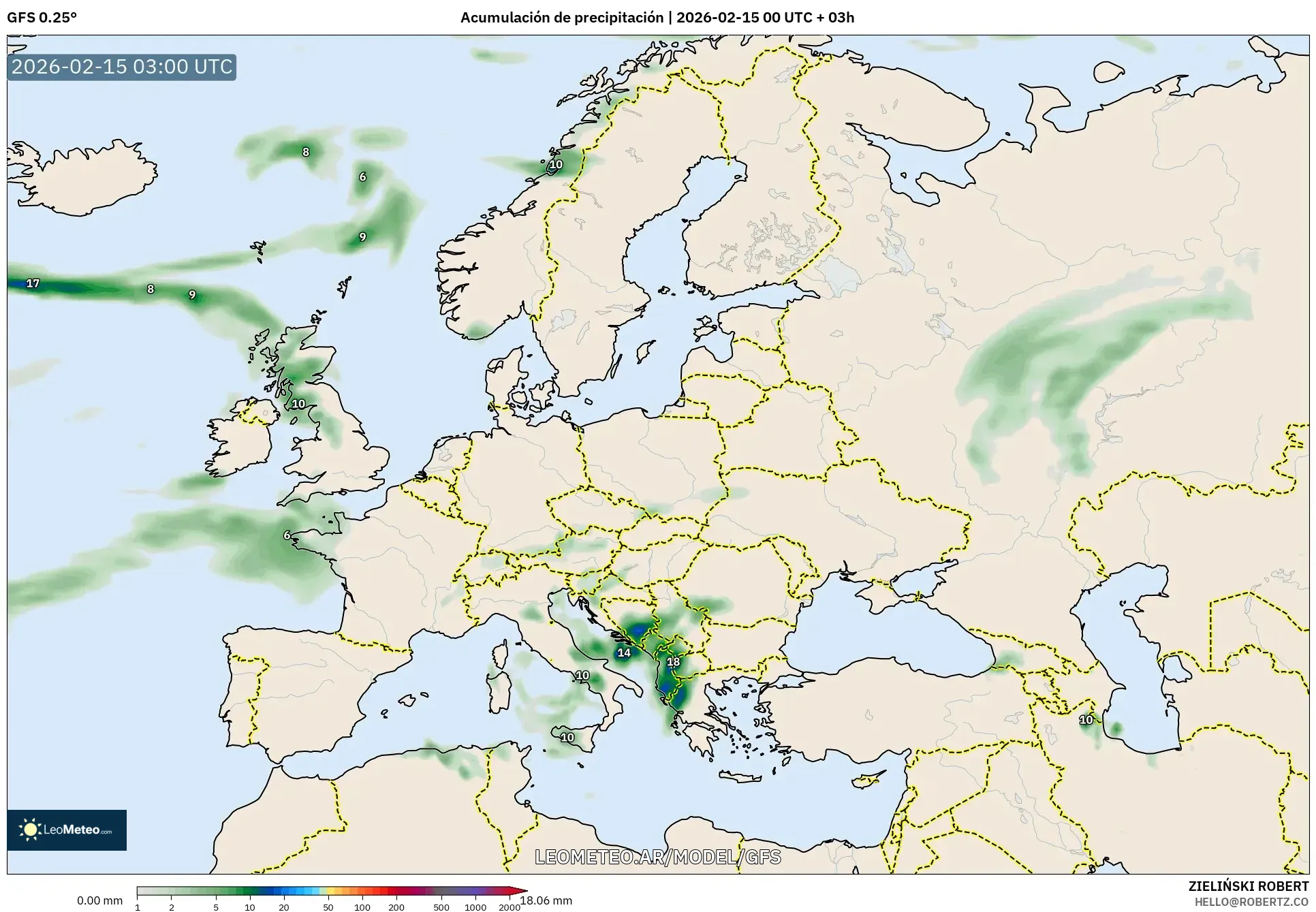 GFS model - Europa, Acumulación de precipitación