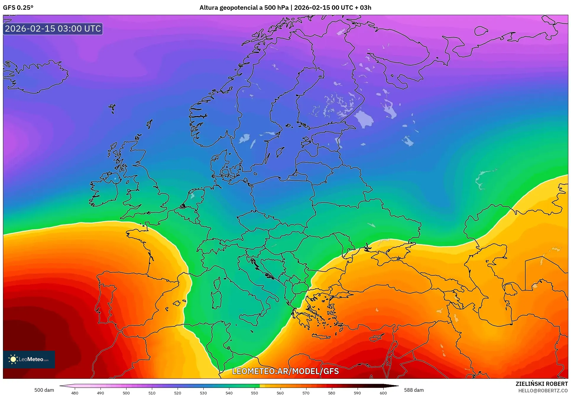 GFS model - Europa, Altura geopotencial a 500 hPa
