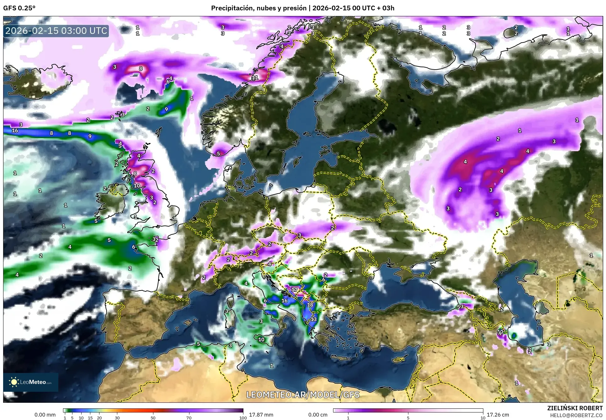 GFS model - Europa, Precipitación, nubes y presión