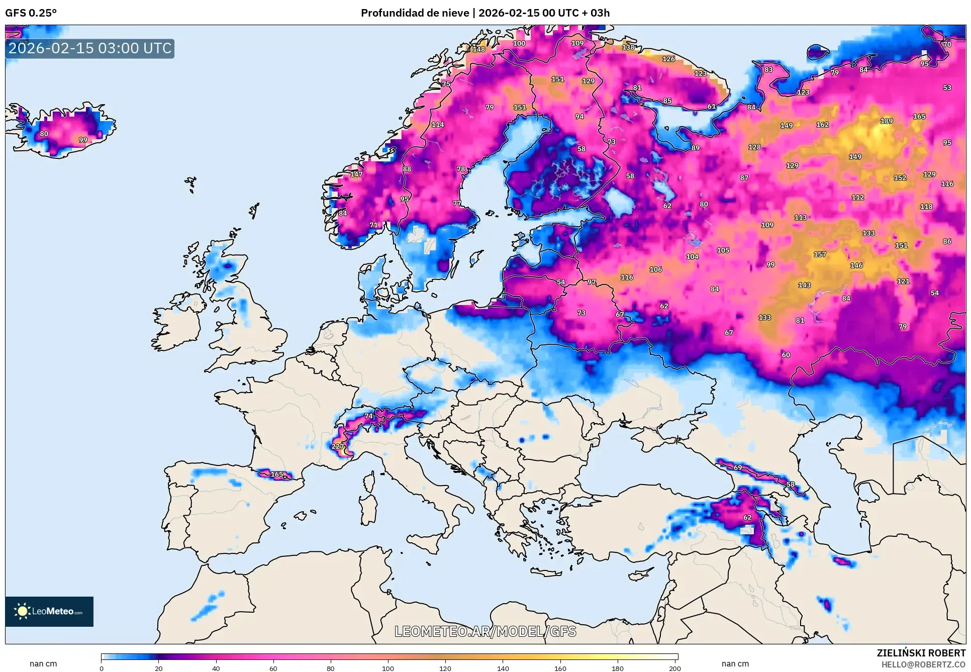 GFS model - Europa, Profundidad de nieve