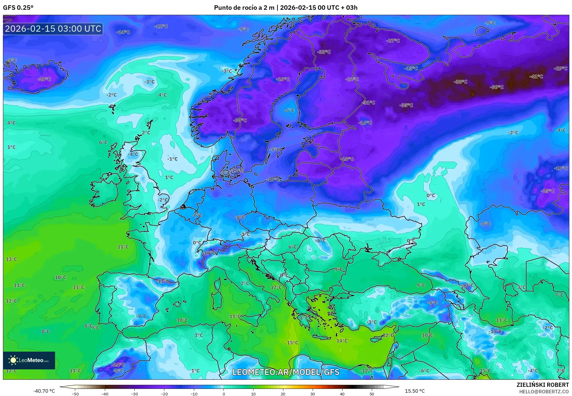GFS model - Europa, Punto de rocío a 2 m