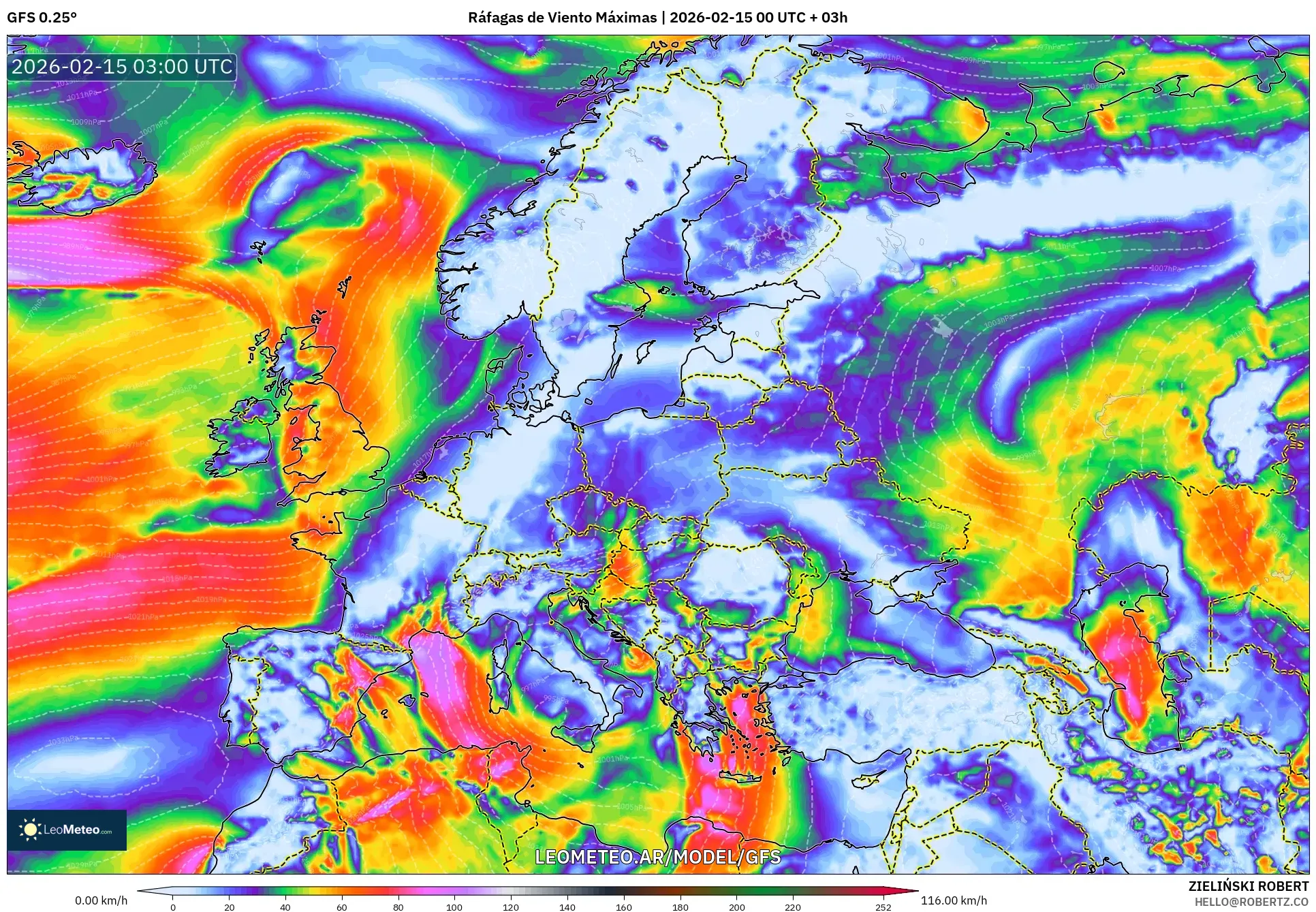 GFS model - Europa, Ráfagas de Viento Máximas