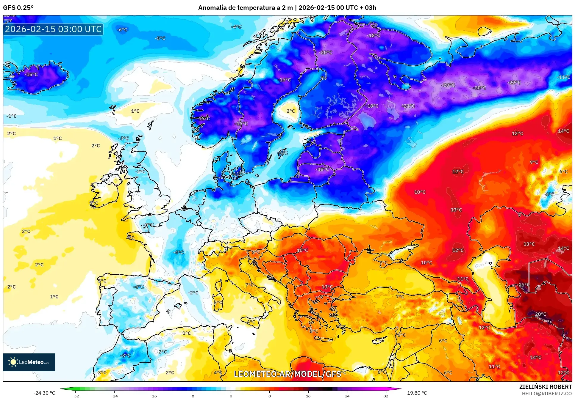 GFS model - Europa, Anomalía de temperatura a 2 m
