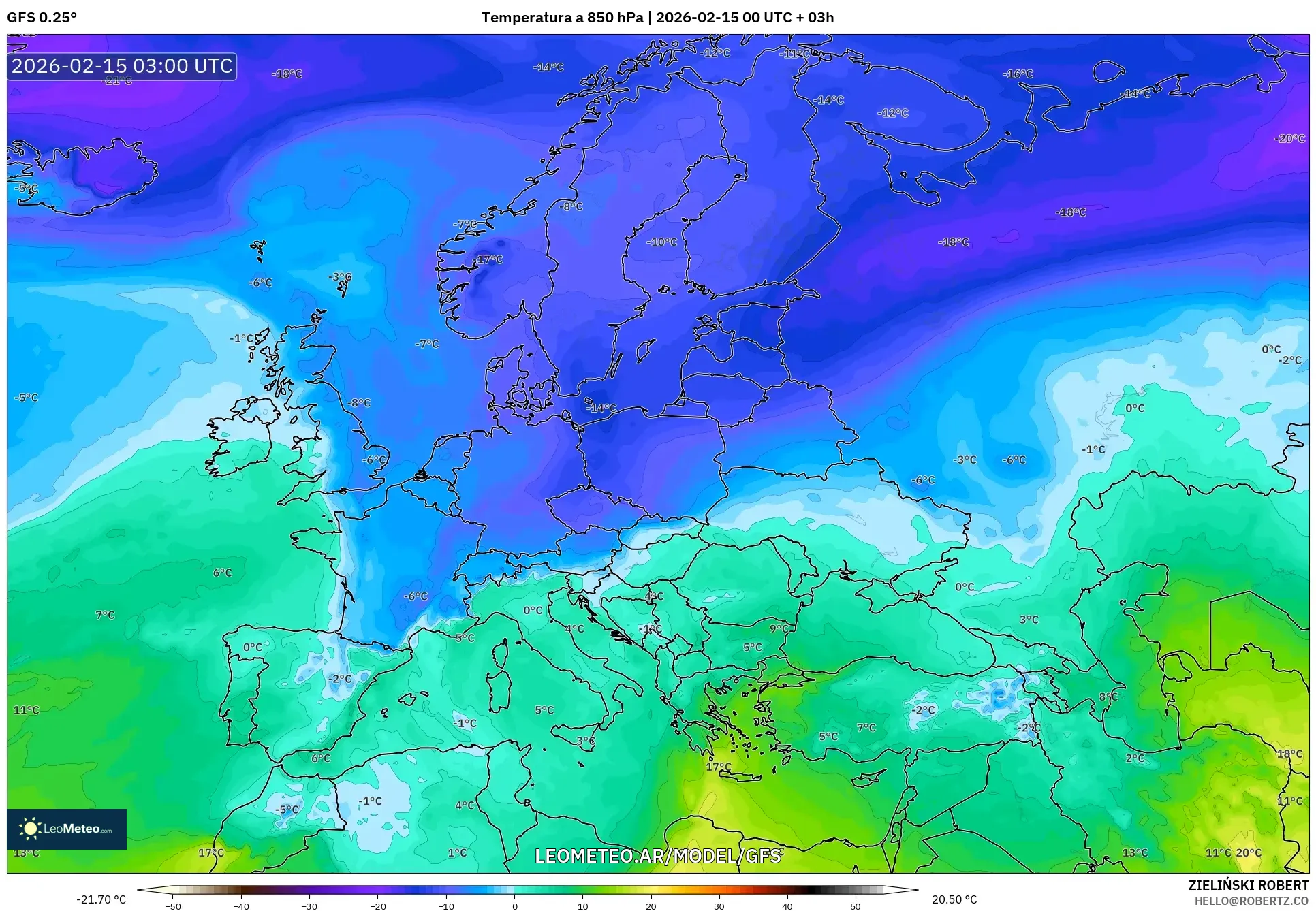 GFS model - Europa, Temperatura a 850 hPa