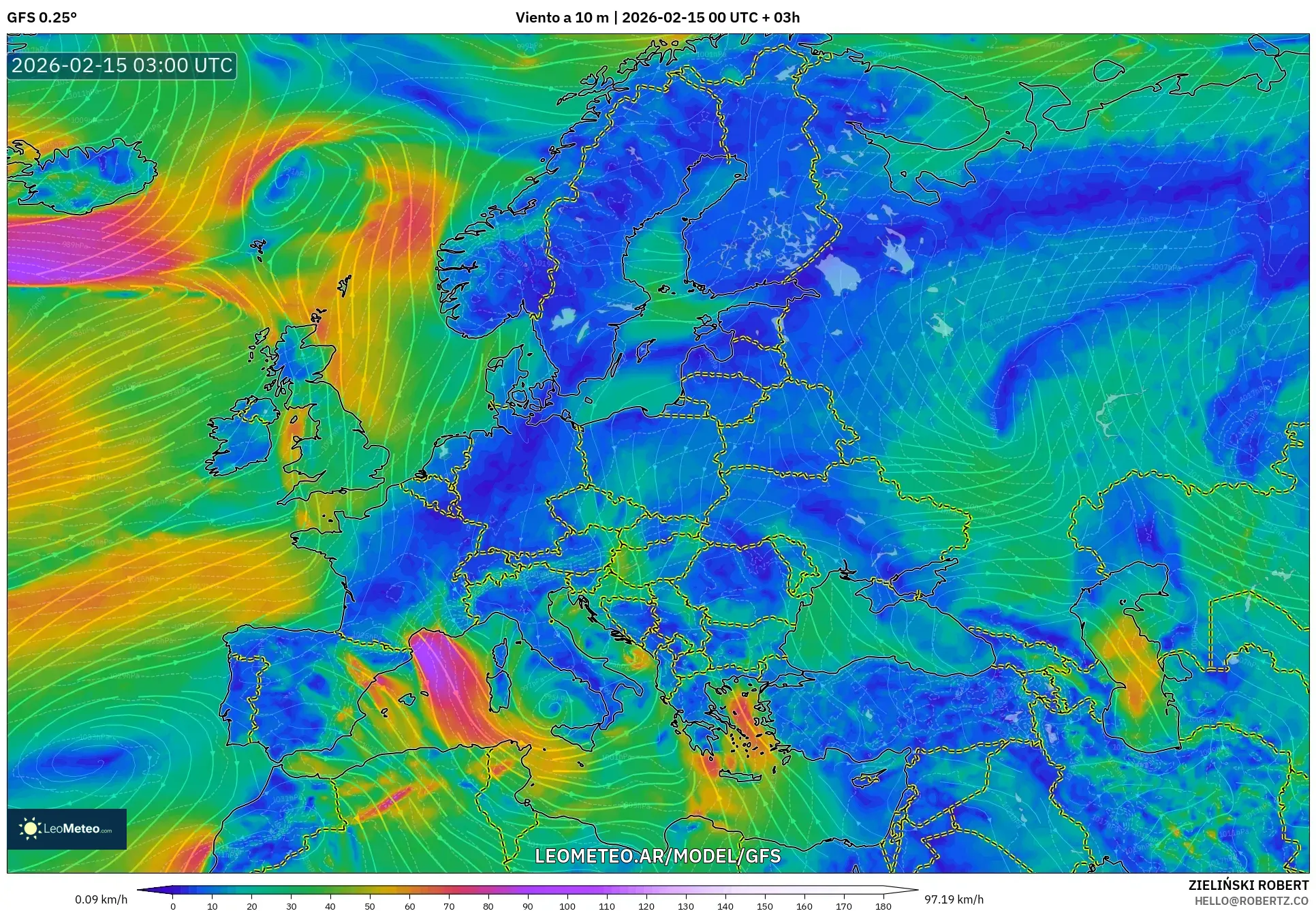GFS model - Europa, Viento a 10 m