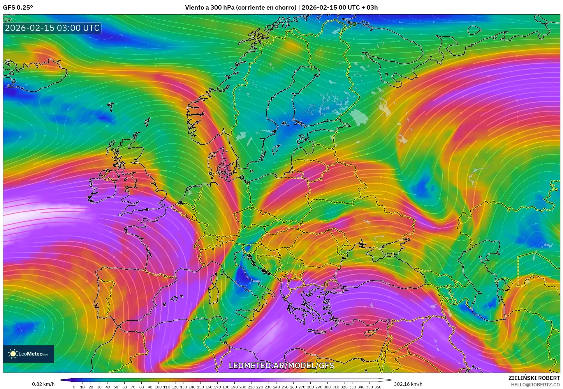 GFS model - Europa, Viento a 300 hPa (corriente en chorro)