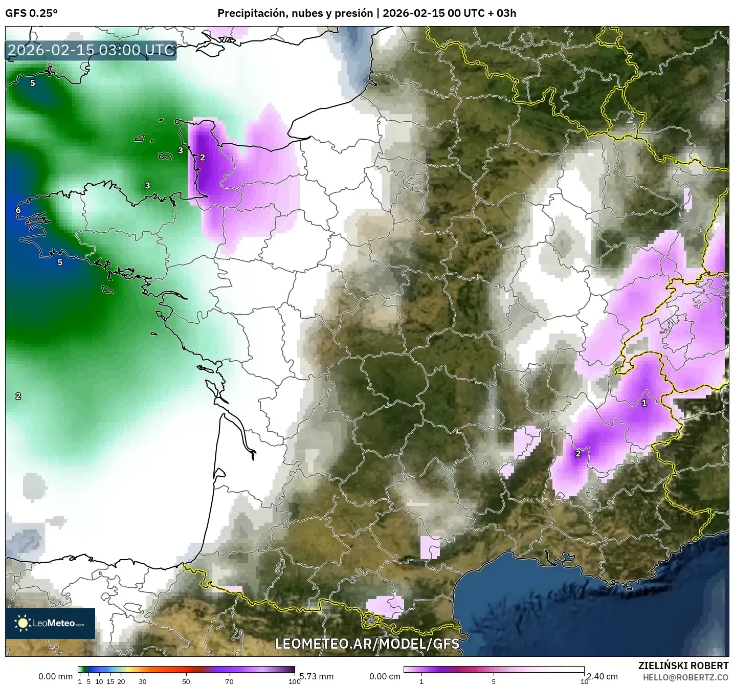 GFS model - Francia, Precipitación, nubes y presión