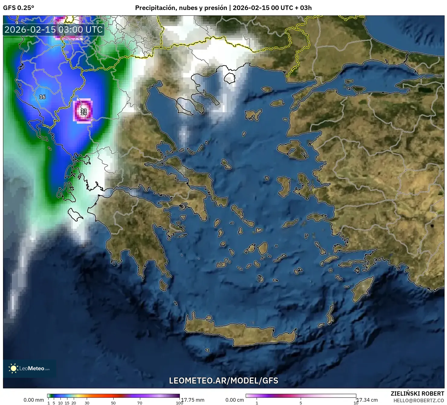 GFS model - Grecia, Precipitación, nubes y presión