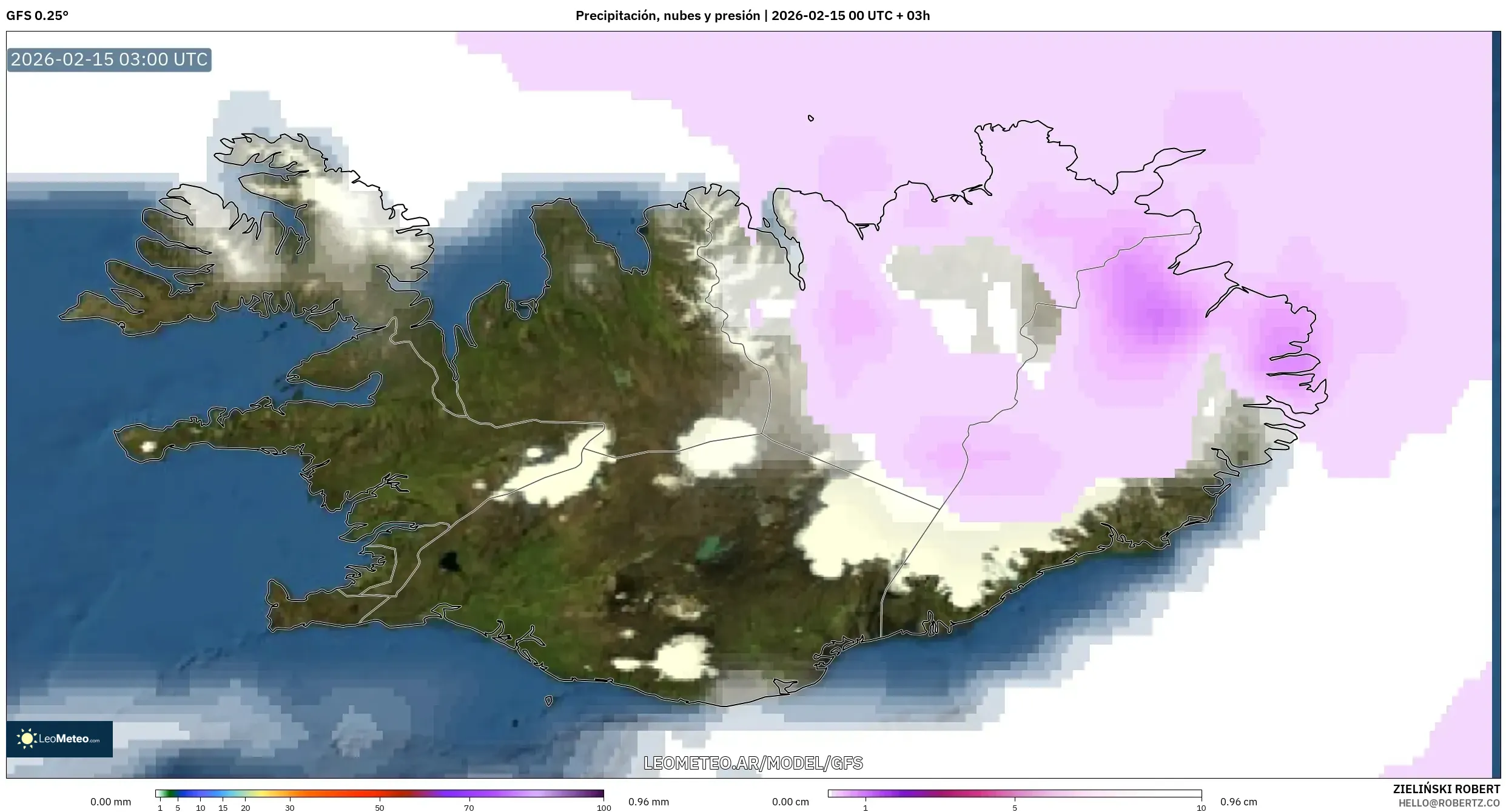 GFS model - Islandia, Precipitación, nubes y presión