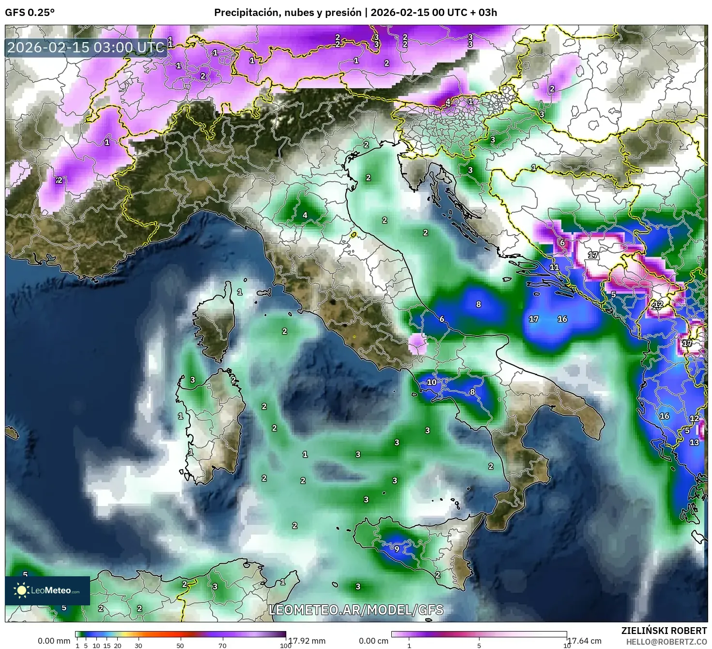 GFS model - Italia, Precipitación, nubes y presión