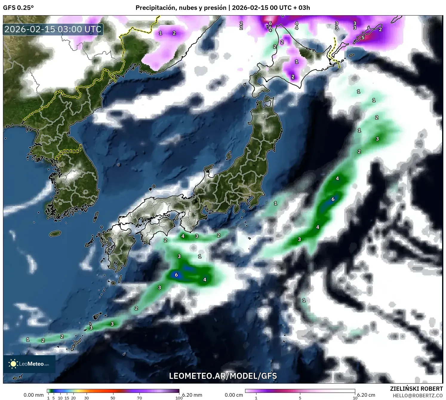 GFS model - Japón, Precipitación, nubes y presión