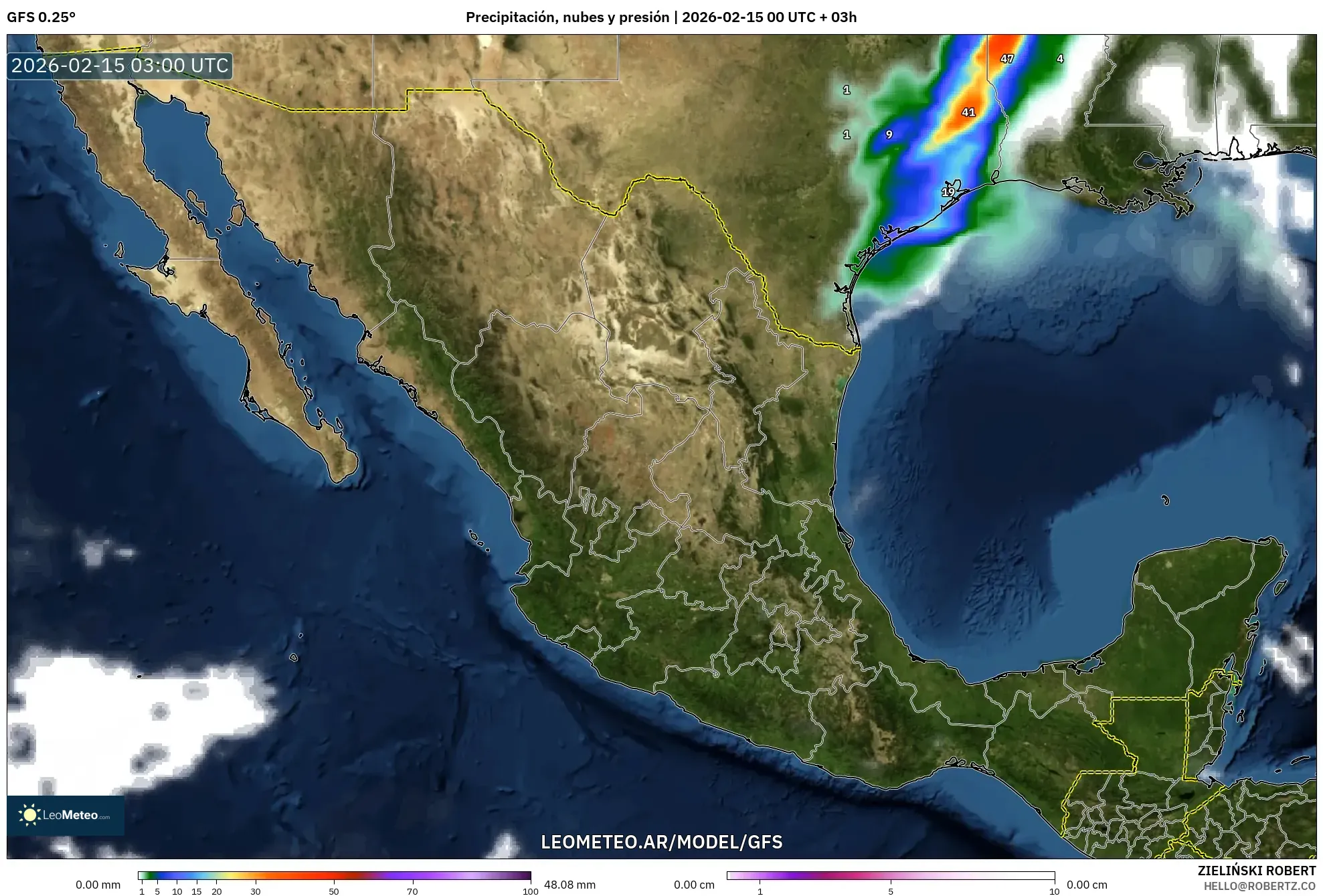 GFS model - México, Precipitación, nubes y presión