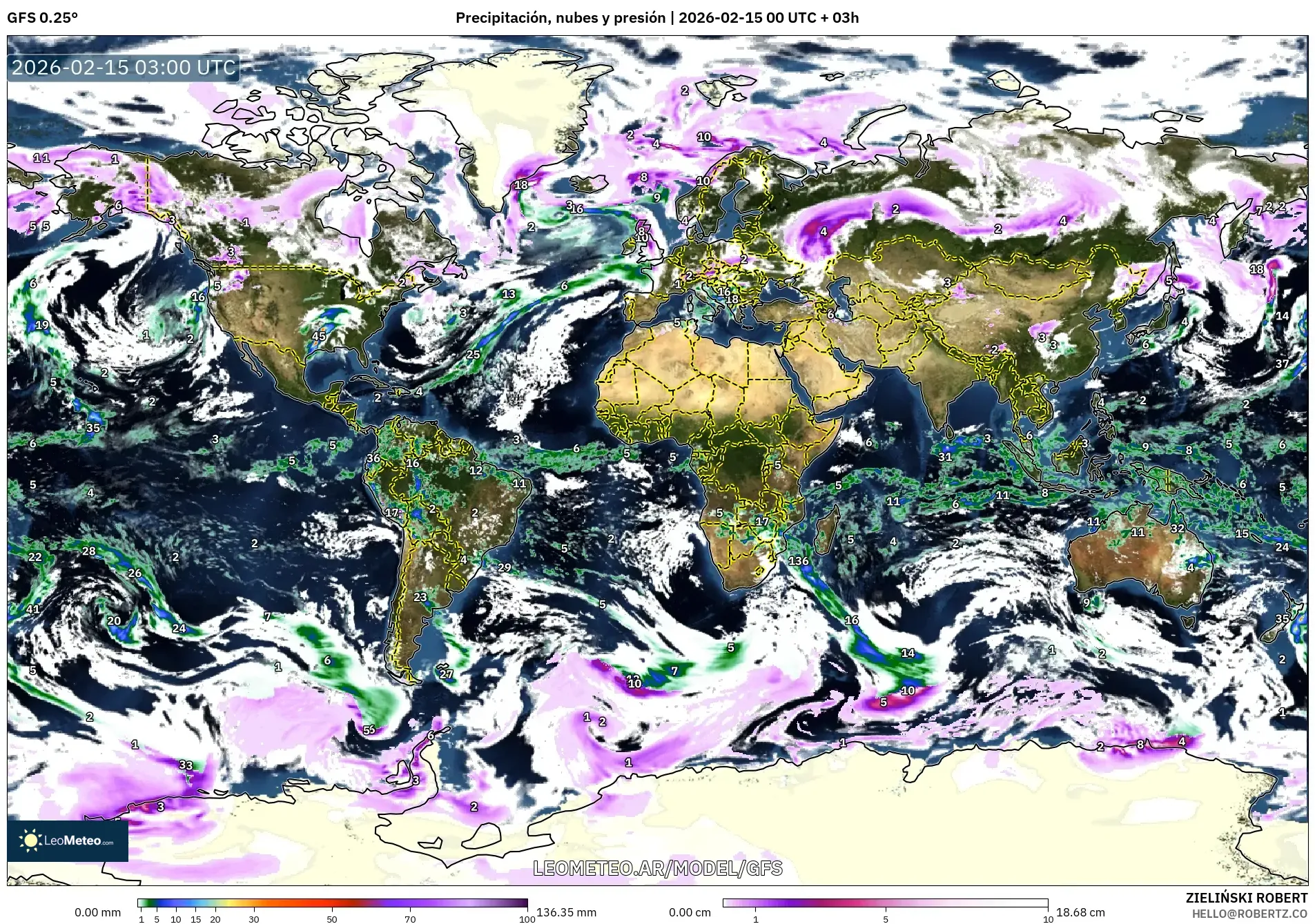GFS model - Mundo, Precipitación, nubes y presión