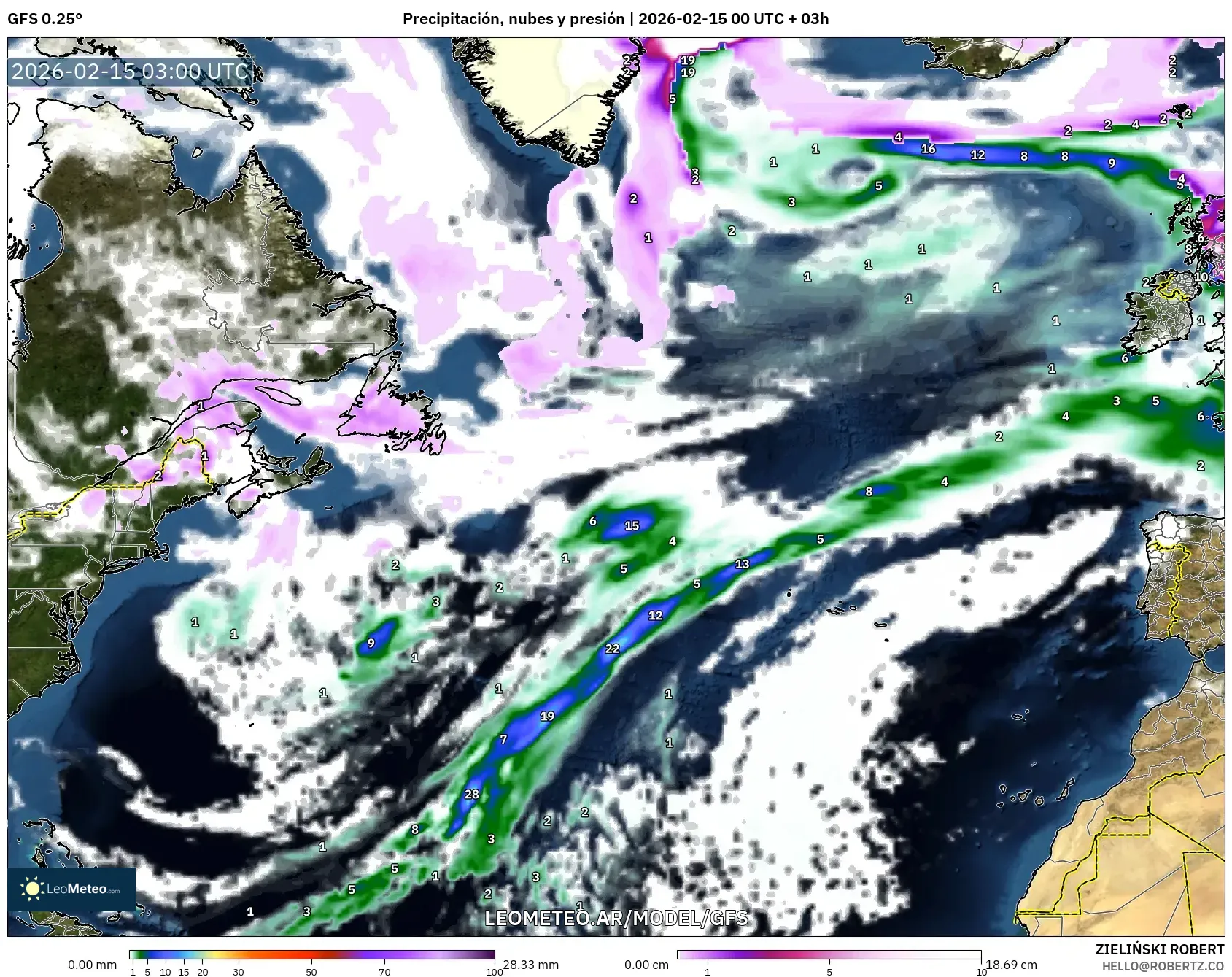 GFS model - Norte Atlántico, Precipitación, nubes y presión