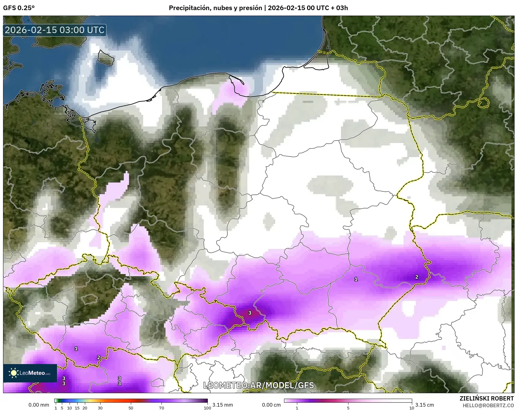 GFS model - Polonia, Precipitación, nubes y presión