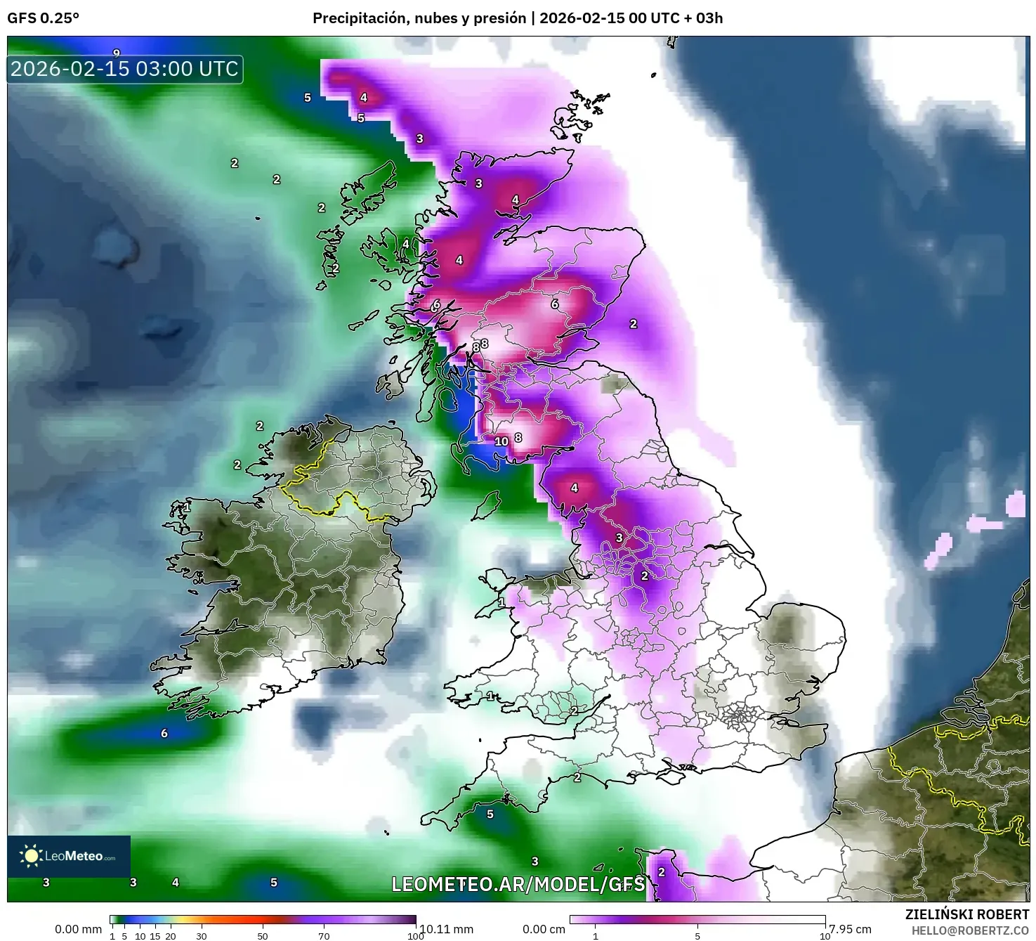 GFS model - Reino Unido, Precipitación, nubes y presión