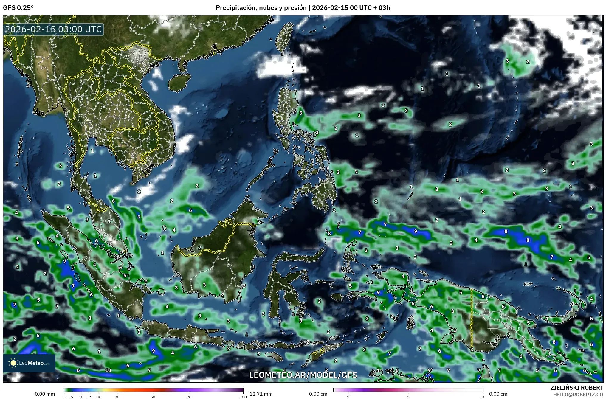 GFS model - Sudeste Asiático, Precipitación, nubes y presión