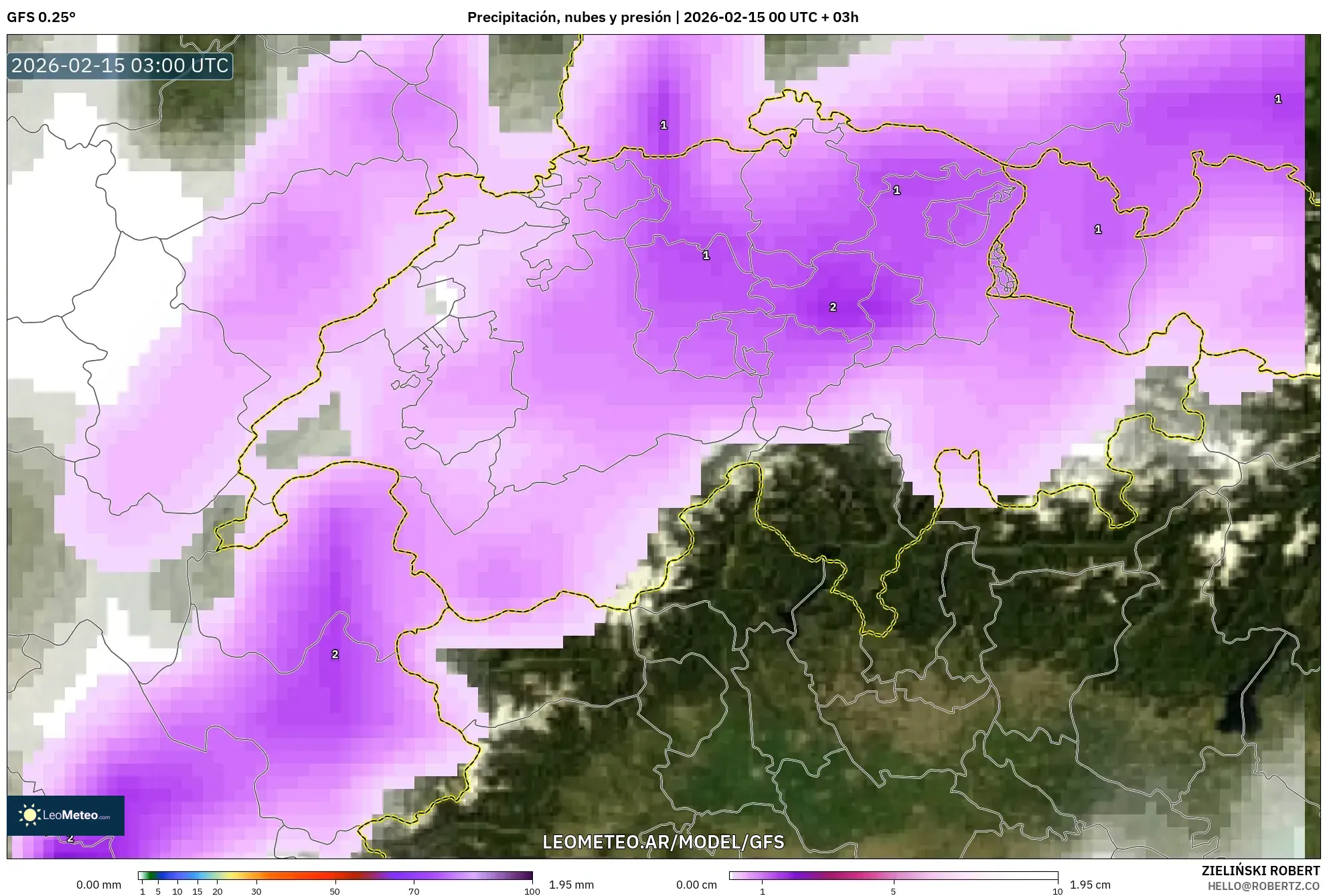 GFS model - Suiza, Precipitación, nubes y presión