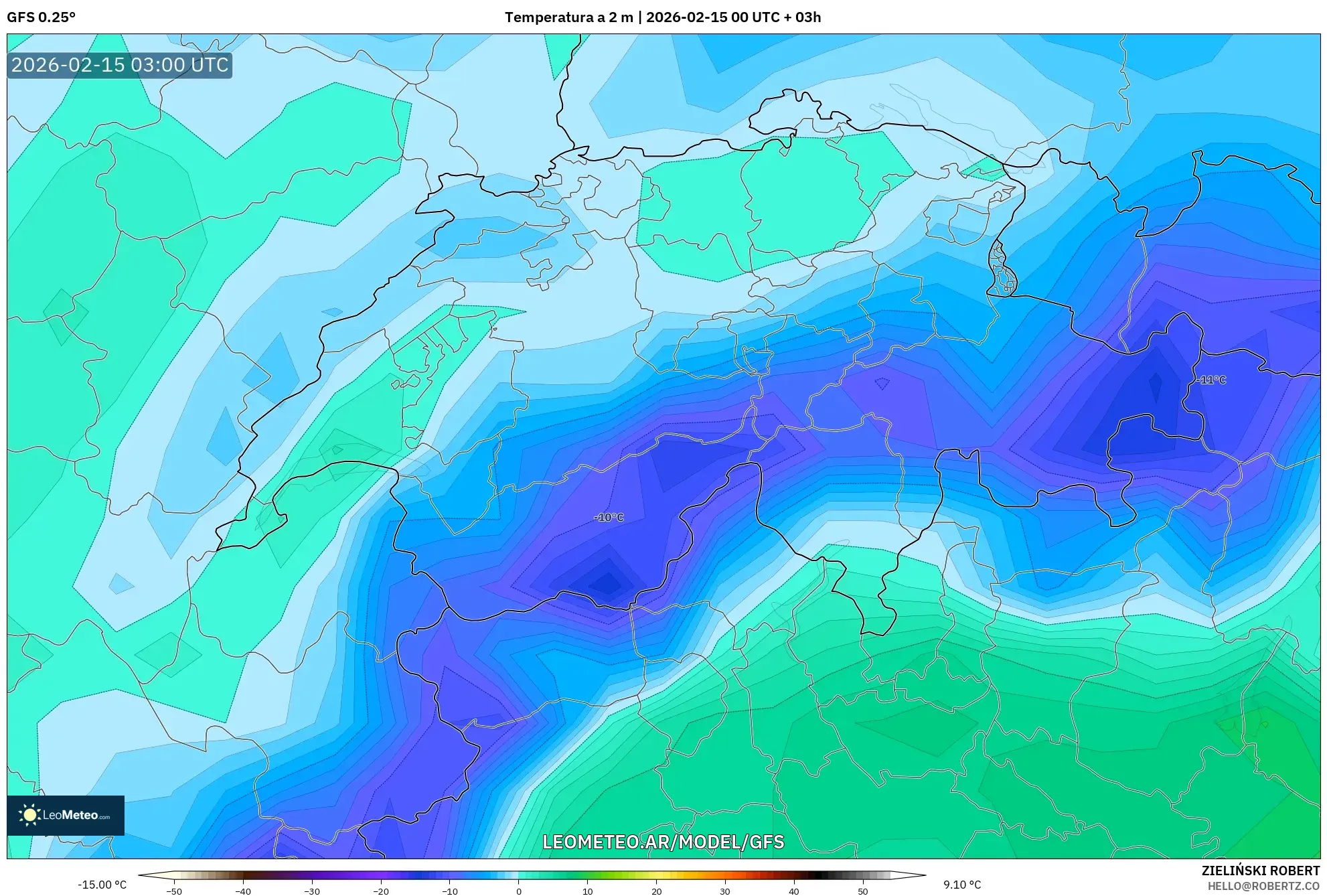 GFS model - Suiza, Temperatura a 2 m