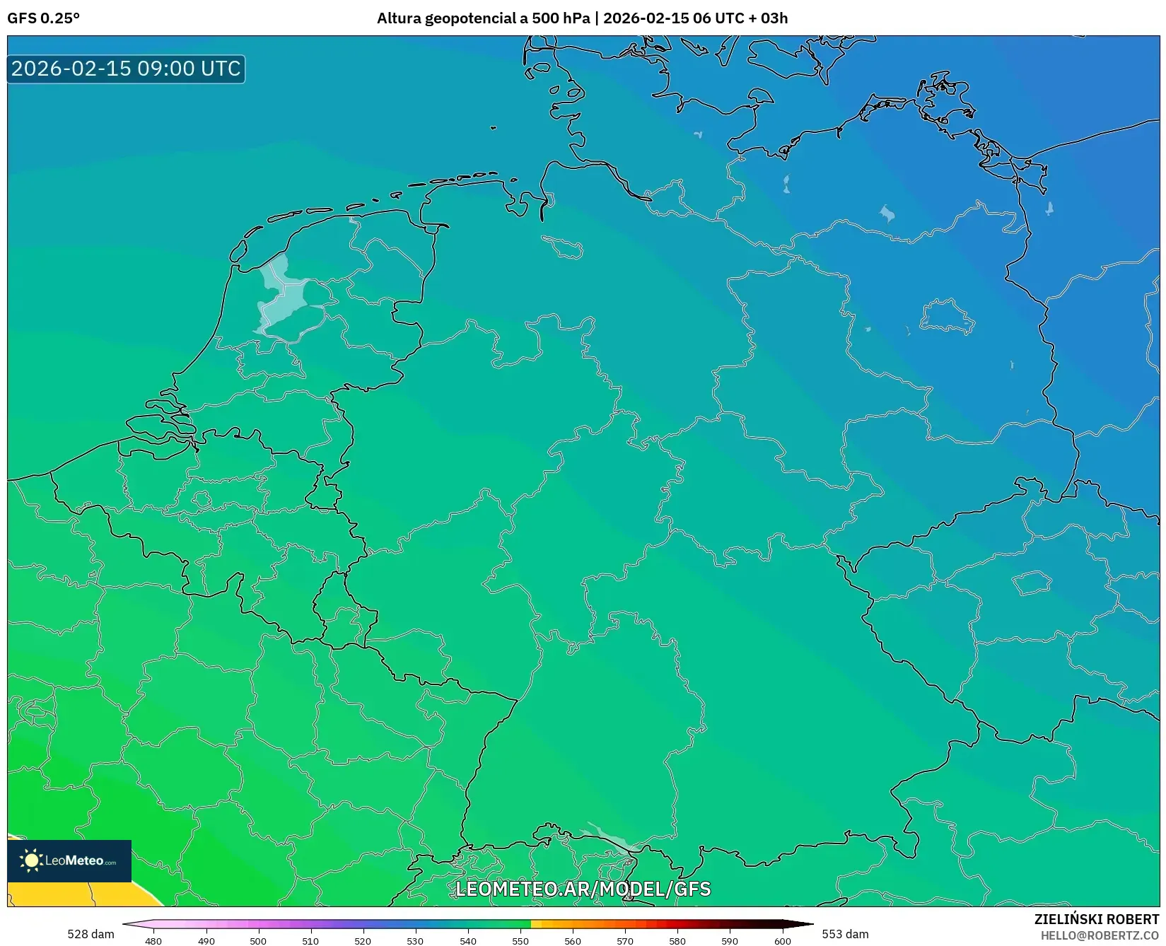 GFS model - Alemania, Altura geopotencial a 500 hPa