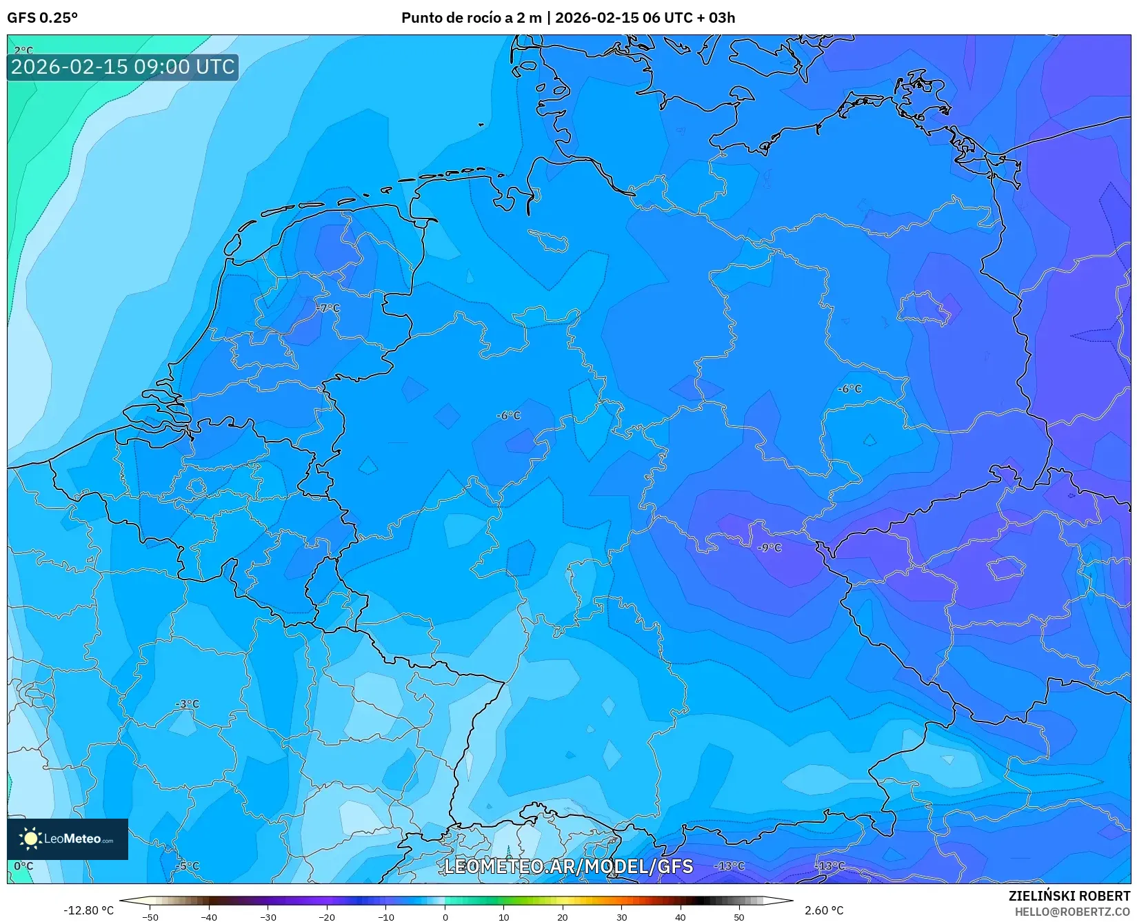 GFS model - Alemania, Punto de rocío a 2 m