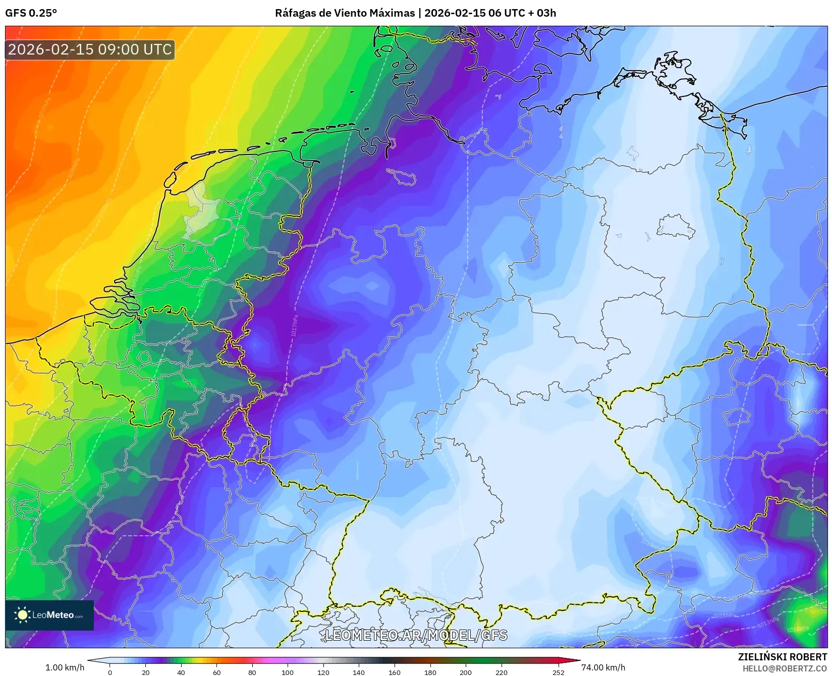 GFS model - Alemania, Ráfagas de Viento Máximas