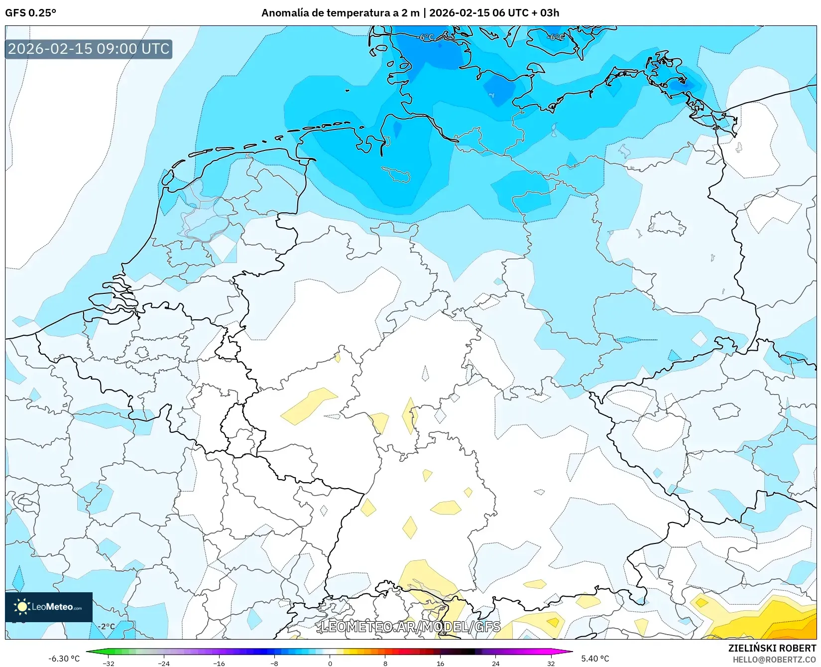 GFS model - Alemania, Anomalía de temperatura a 2 m