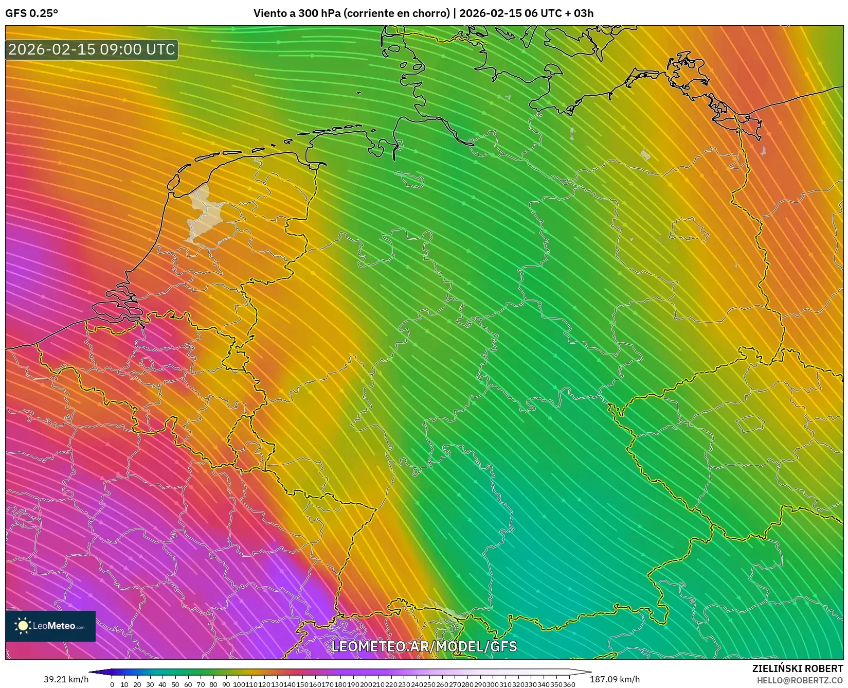 GFS model - Alemania, Viento a 300 hPa (corriente en chorro)