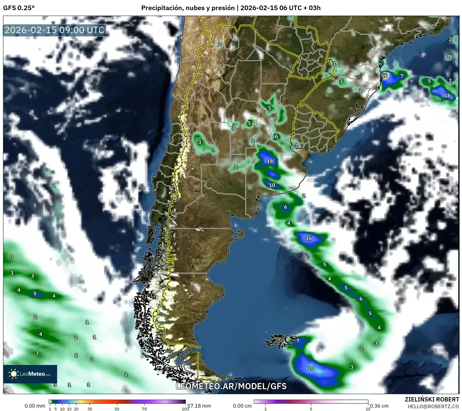 GFS model - Argentina, Precipitación, nubes y presión
