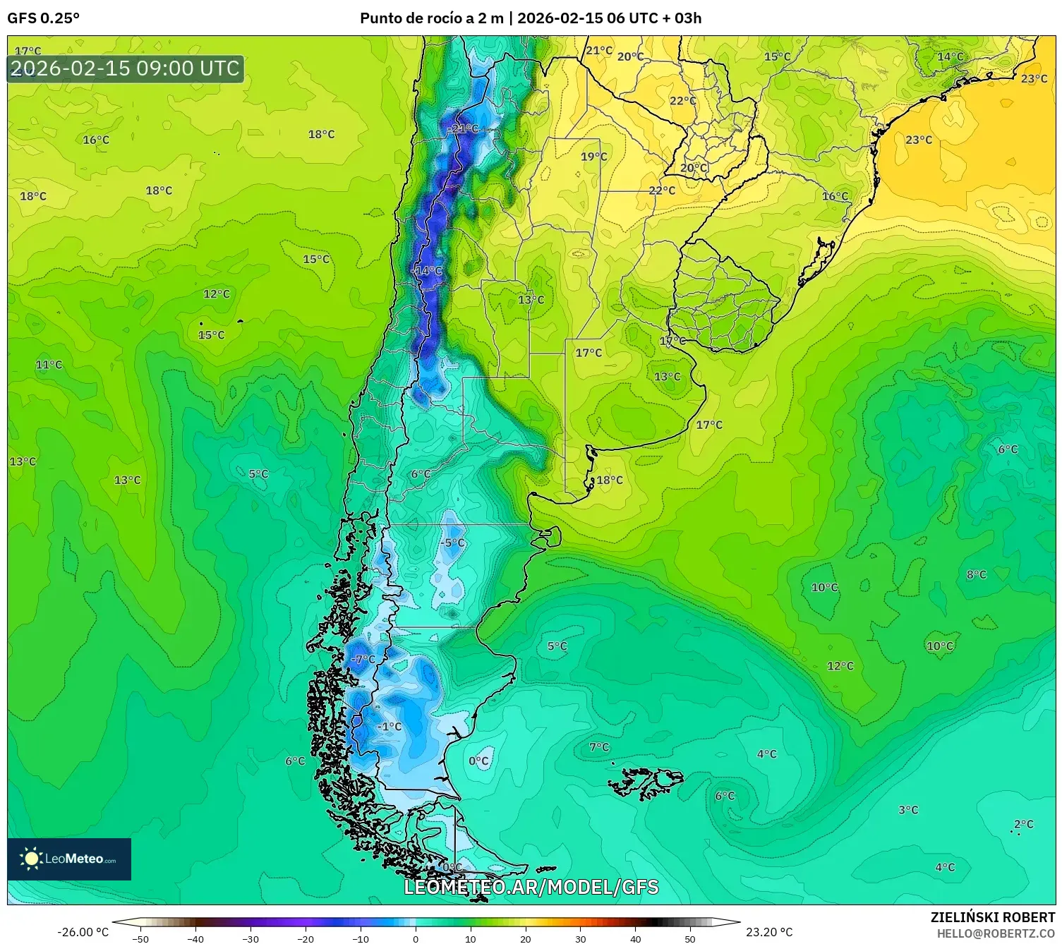GFS model - Argentina, Punto de rocío a 2 m