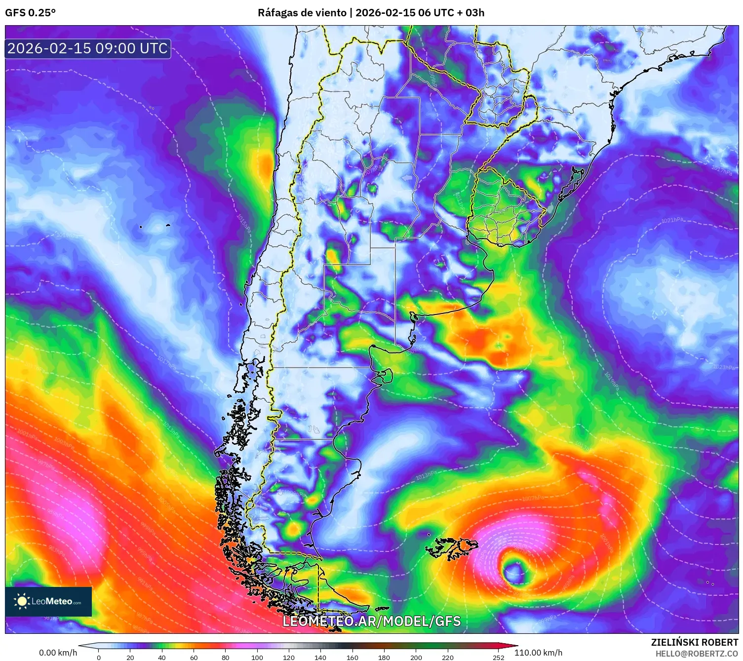 GFS model - Argentina, Ráfagas de viento