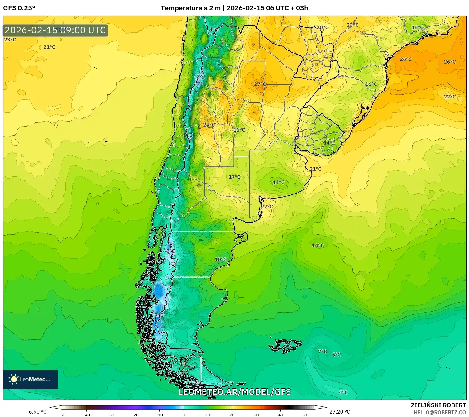 GFS model - Argentina, Temperatura a 2 m
