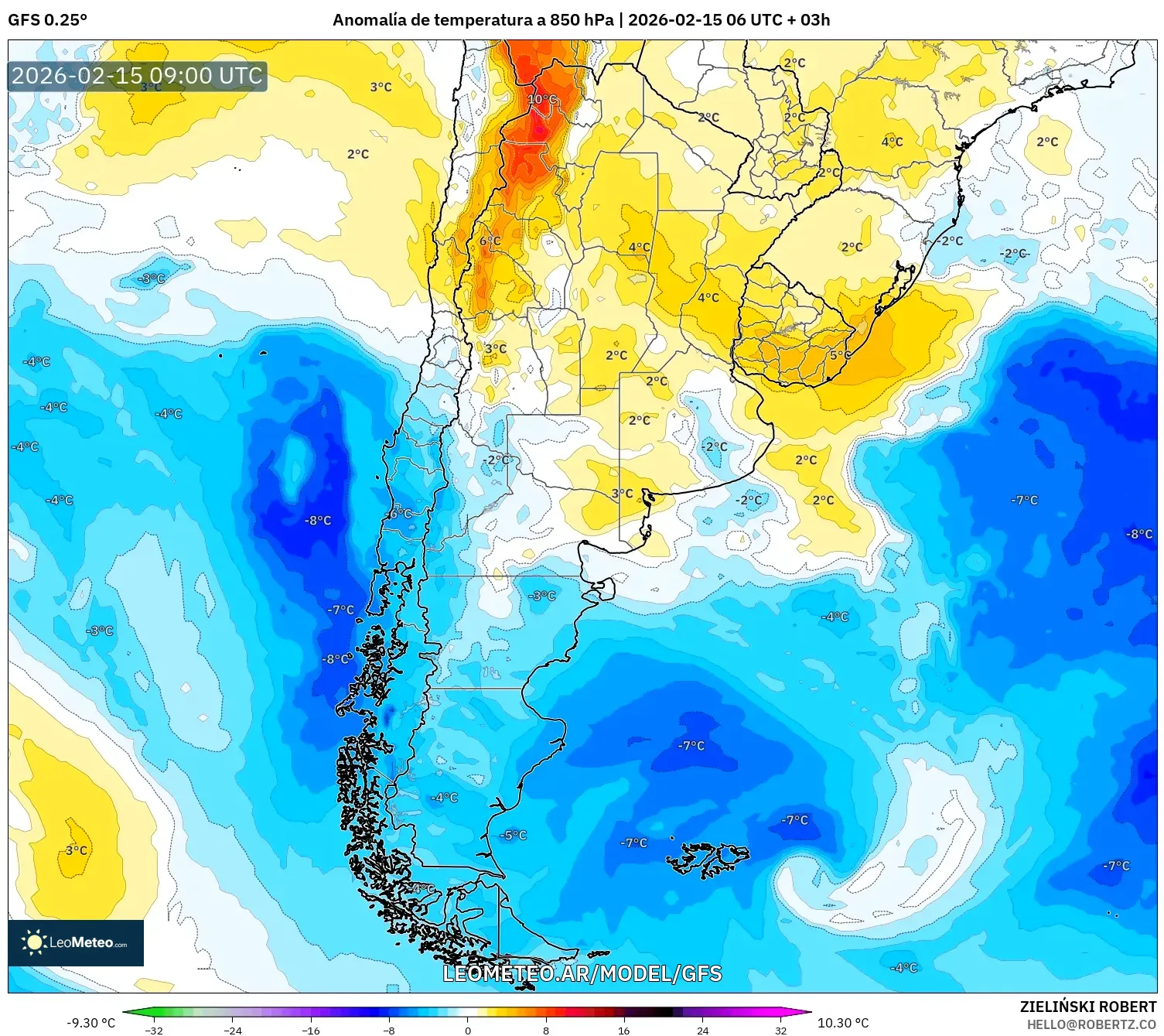 GFS model - Argentina, Anomalía de temperatura a 850 hPa