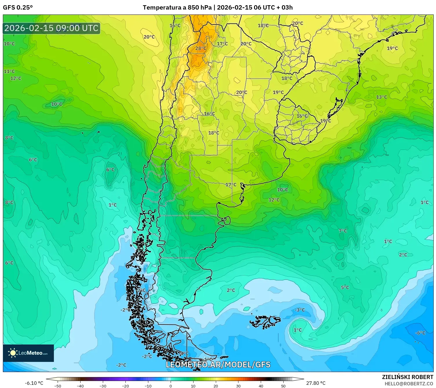 GFS model - Argentina, Temperatura a 850 hPa