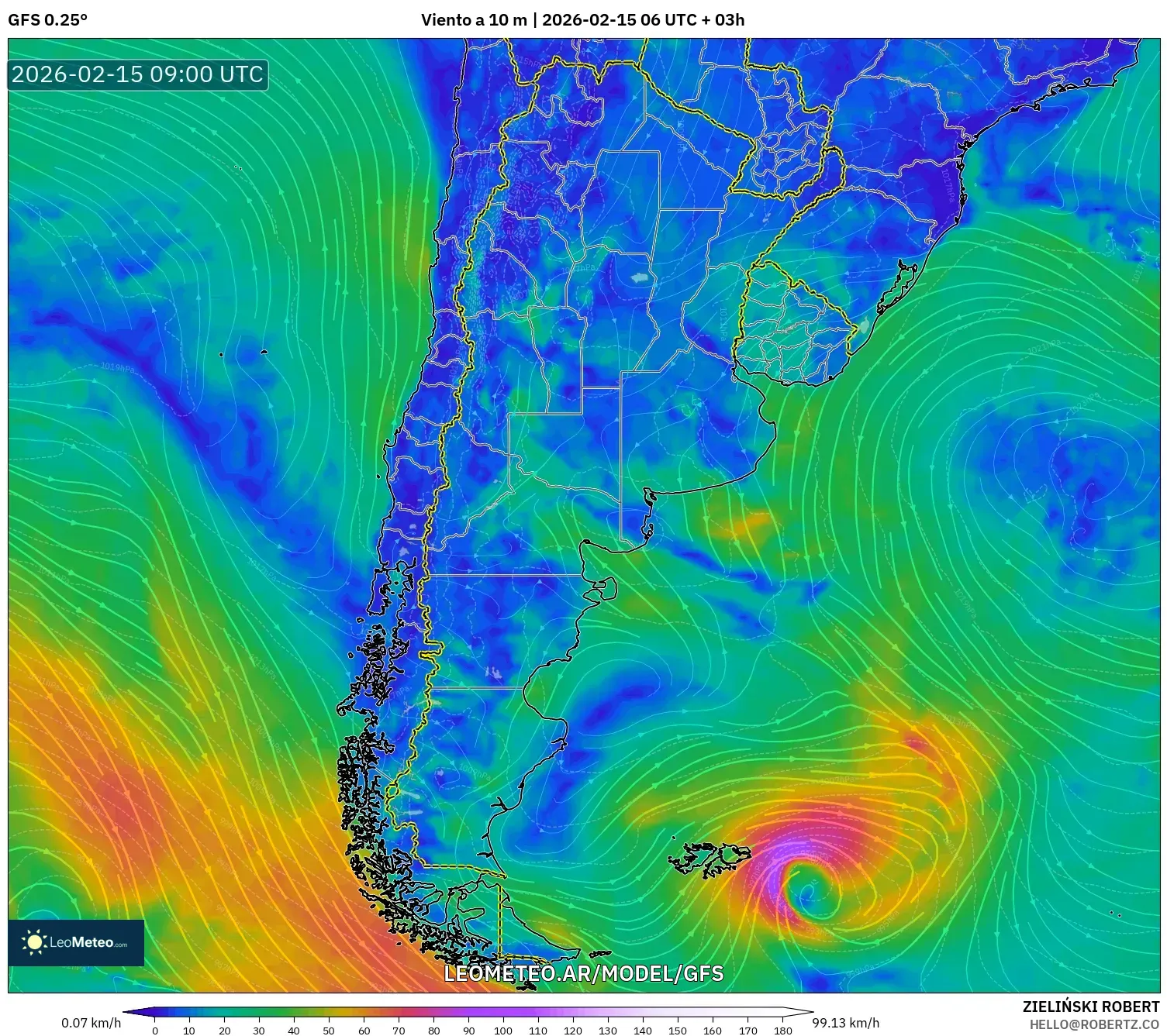 GFS model - Argentina, Viento a 10 m