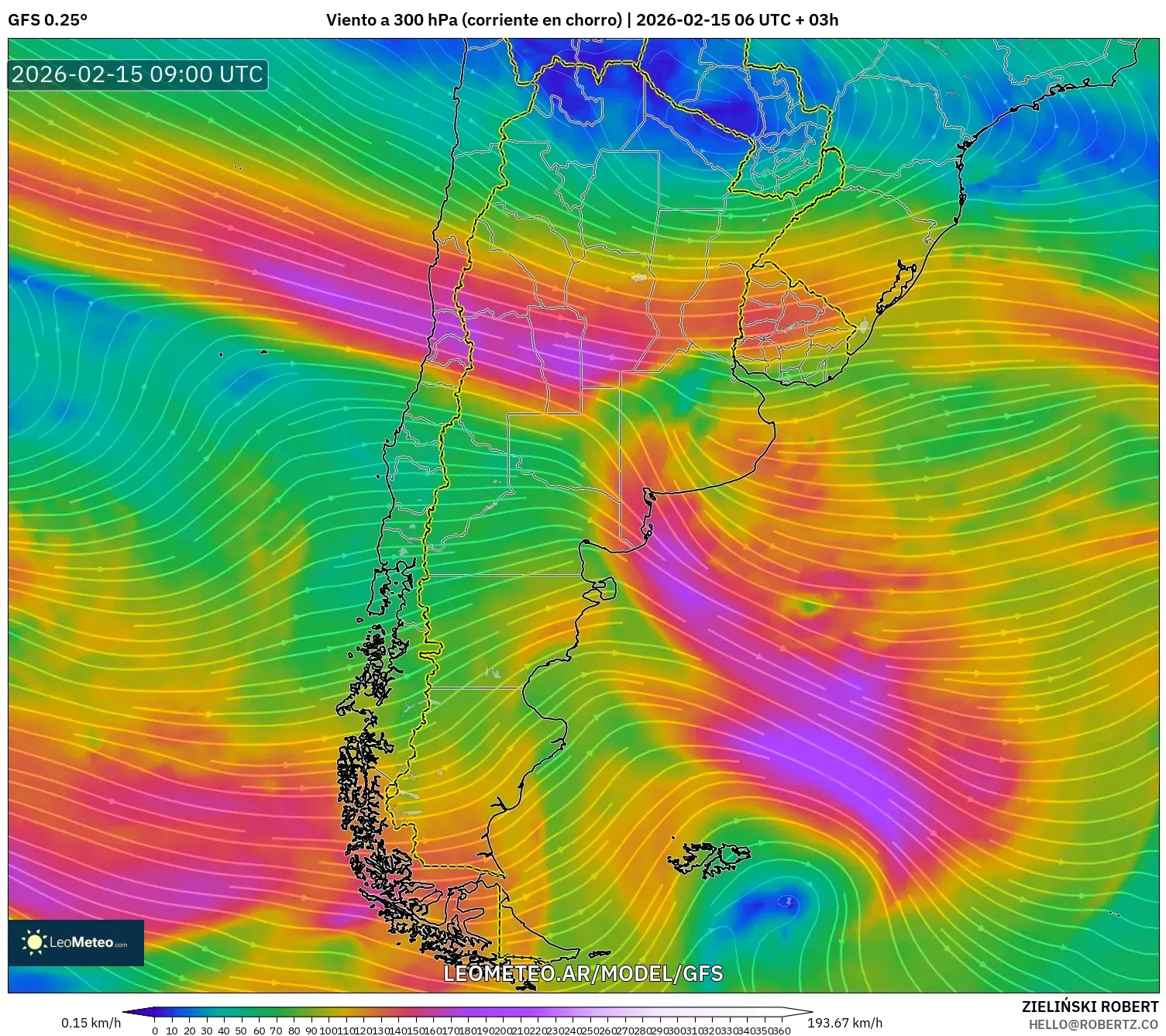 GFS model - Argentina, Viento a 300 hPa (corriente en chorro)