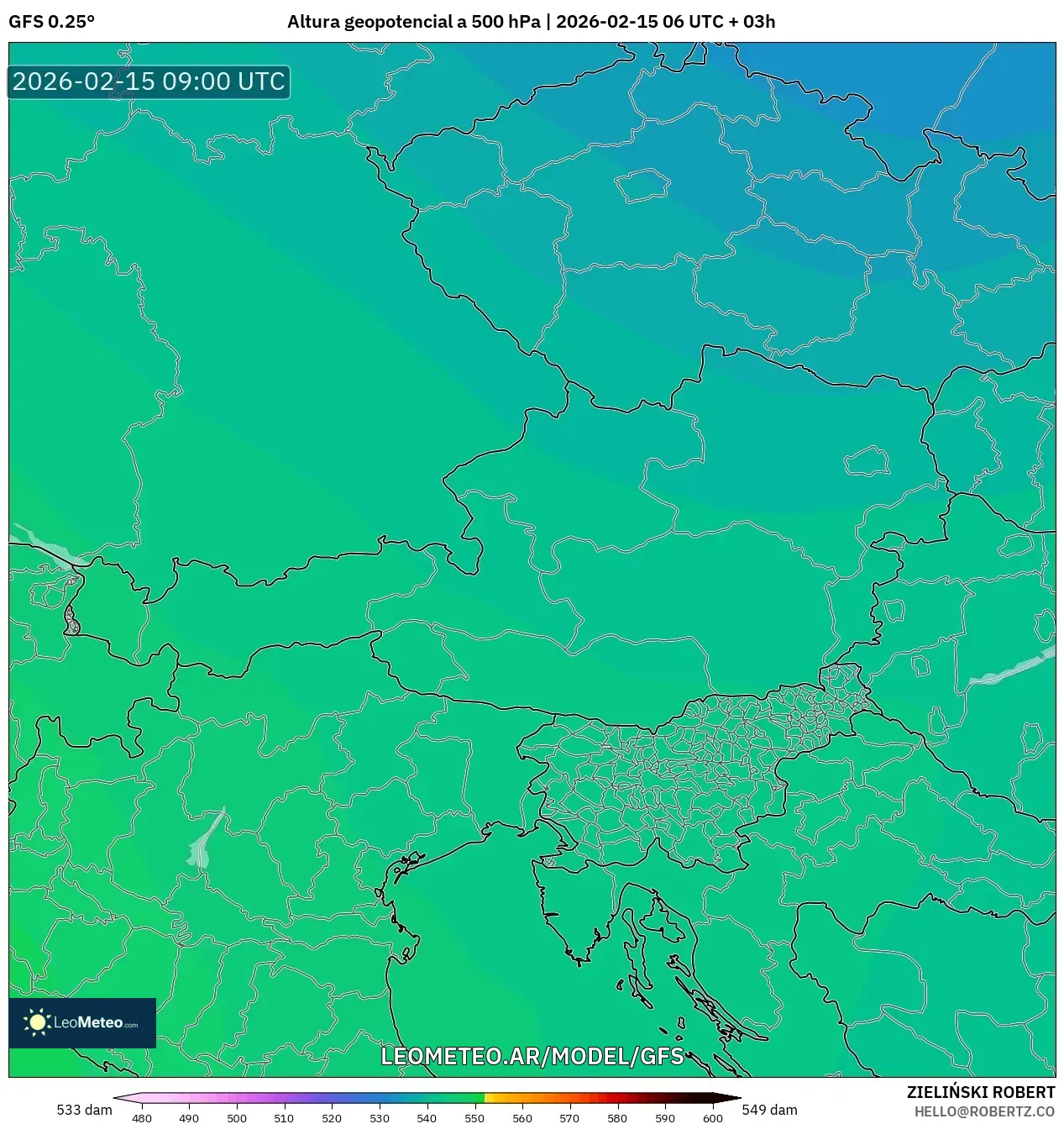 GFS model - Austria, Altura geopotencial a 500 hPa