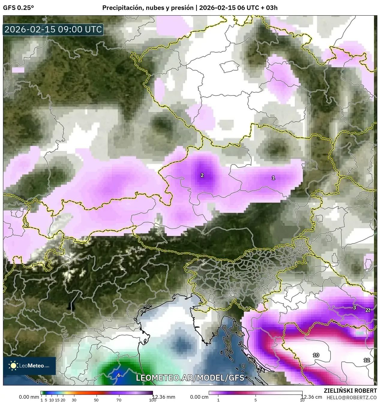 GFS model - Austria, Precipitación, nubes y presión
