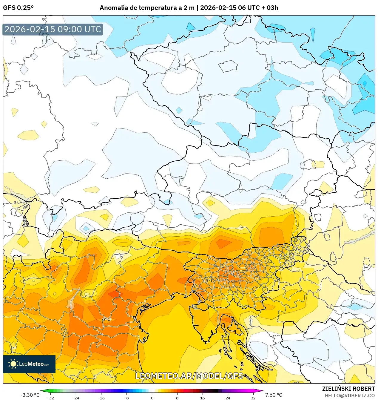 GFS model - Austria, Anomalía de temperatura a 2 m