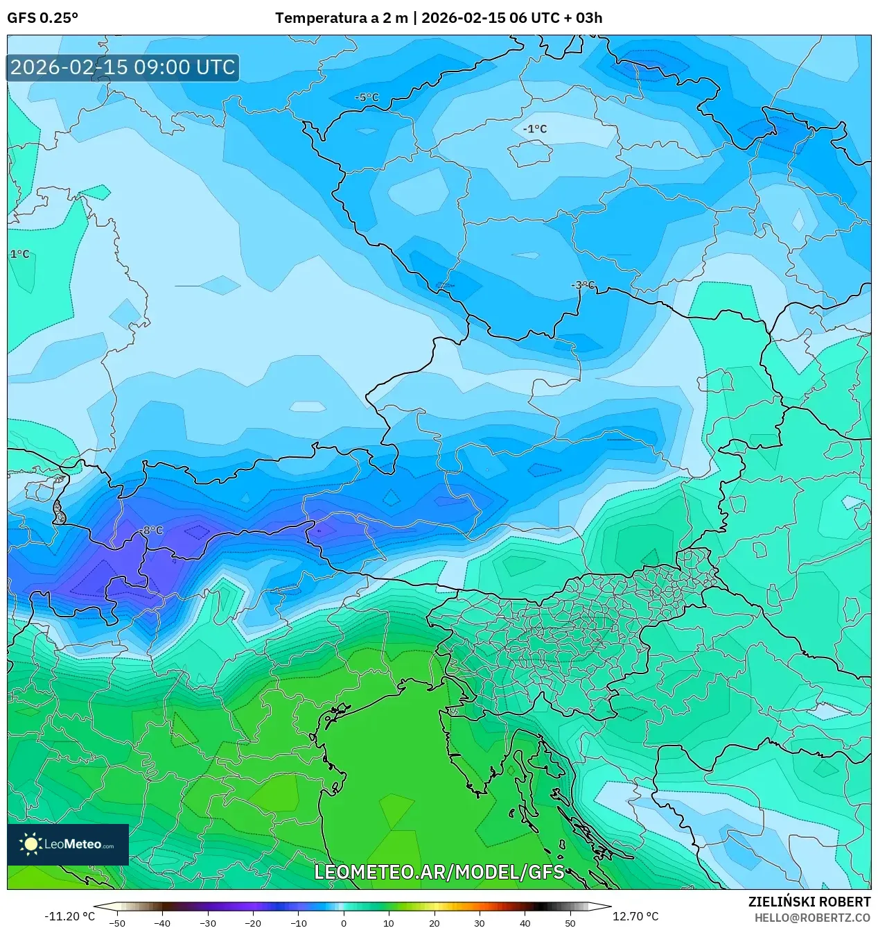 GFS model - Austria, Temperatura a 2 m