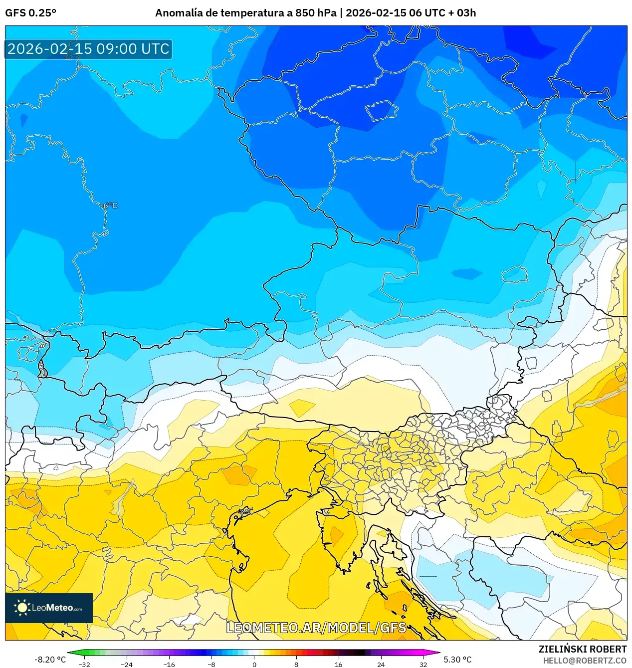 GFS model - Austria, Anomalía de temperatura a 850 hPa