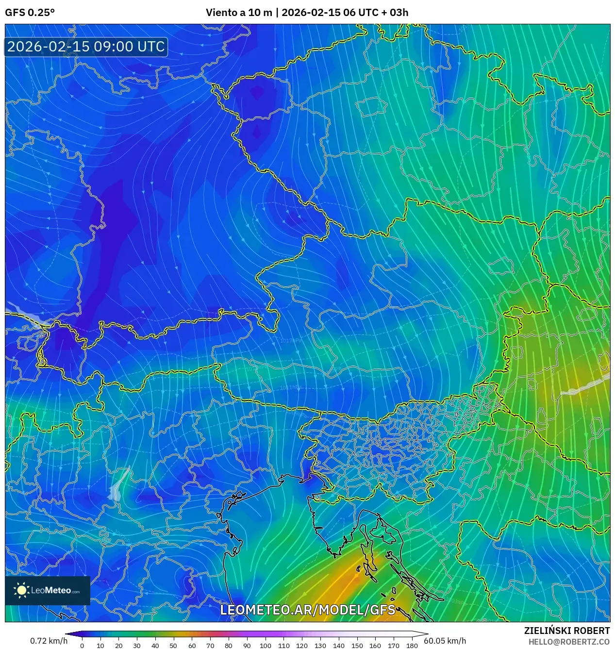 GFS model - Austria, Viento a 10 m