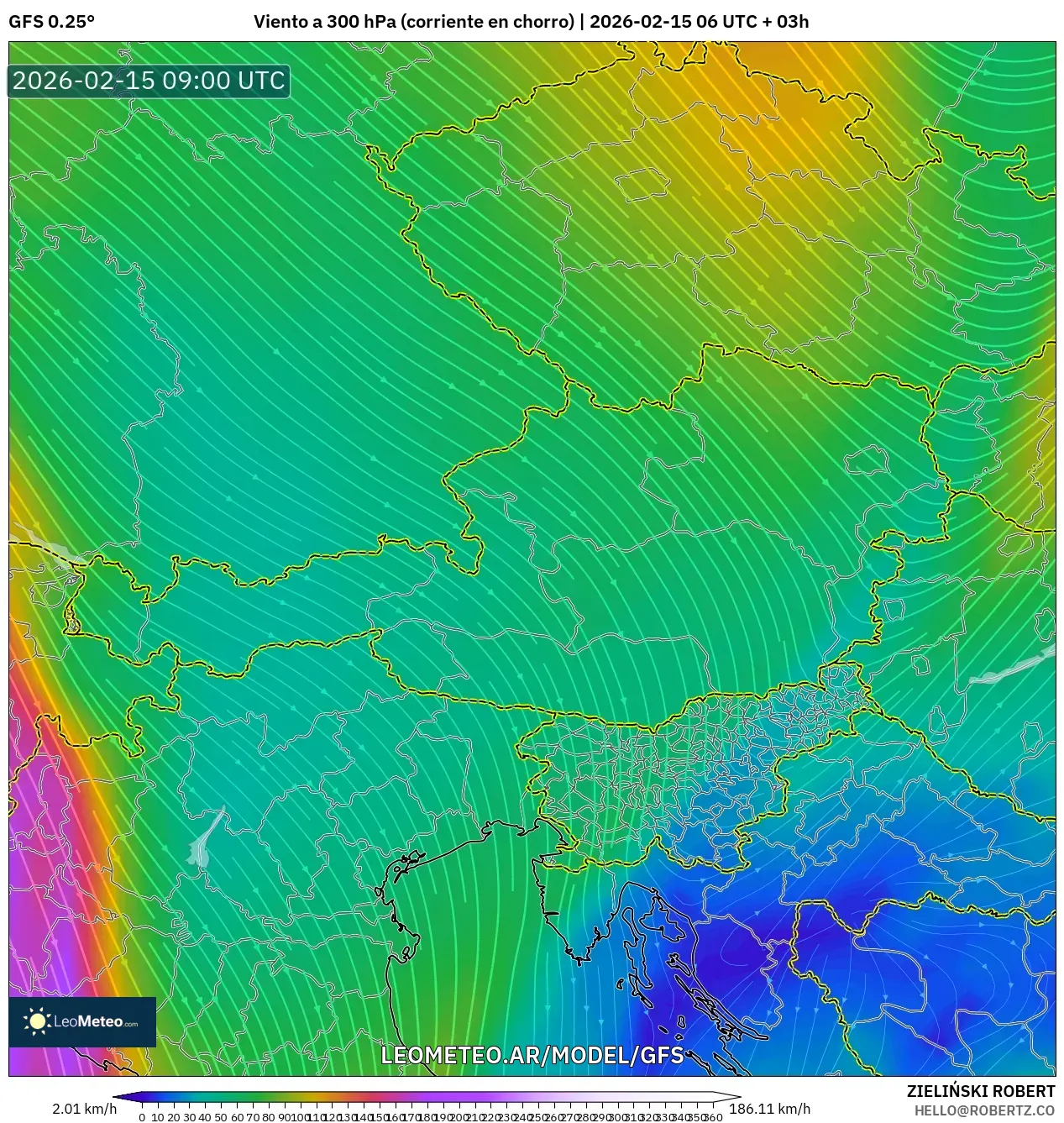 GFS model - Austria, Viento a 300 hPa (corriente en chorro)